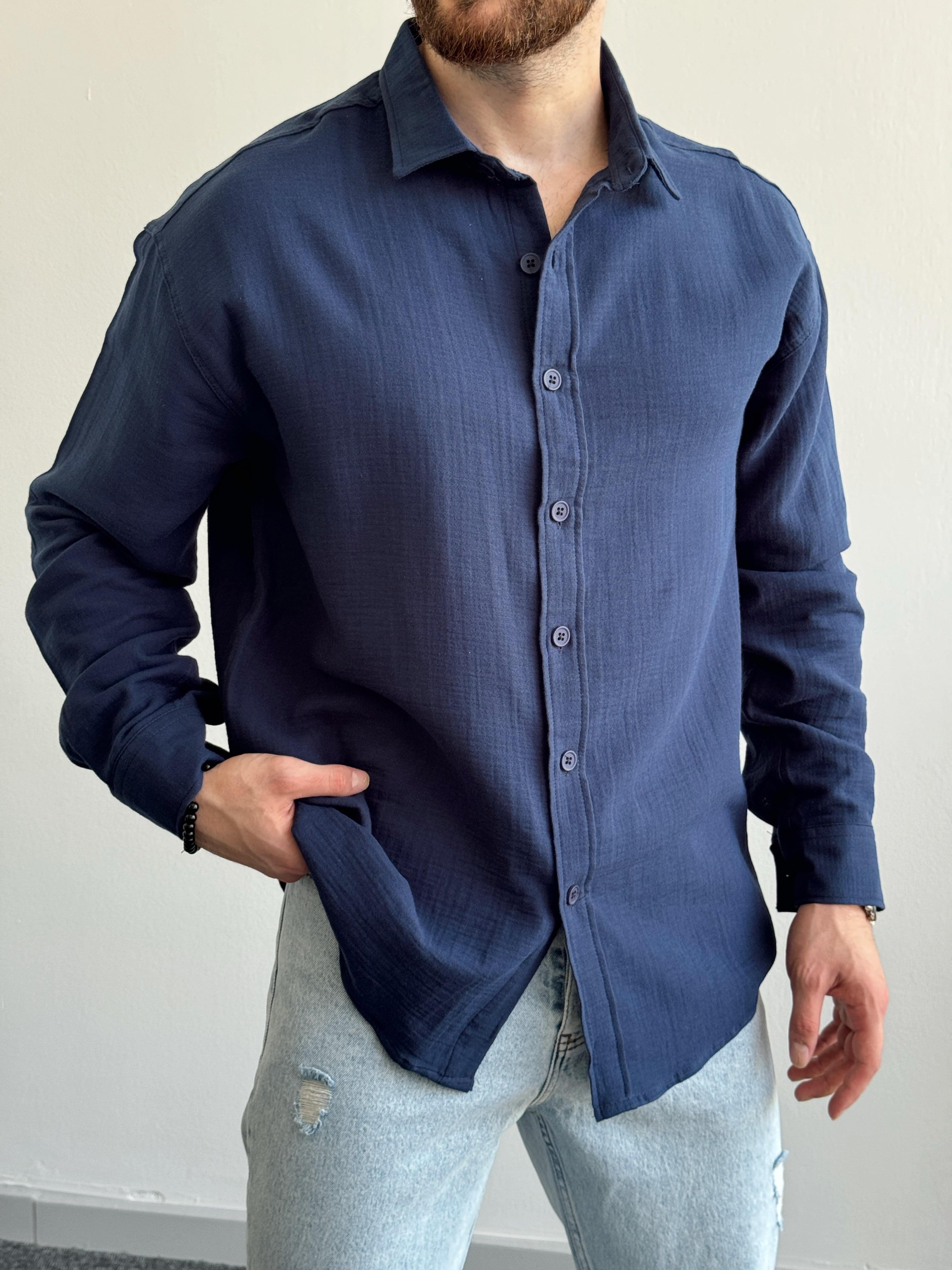 Erkek Oversize Kışlık Müslin Kumaş Gömlek-Lacivert(E1113)Ketench