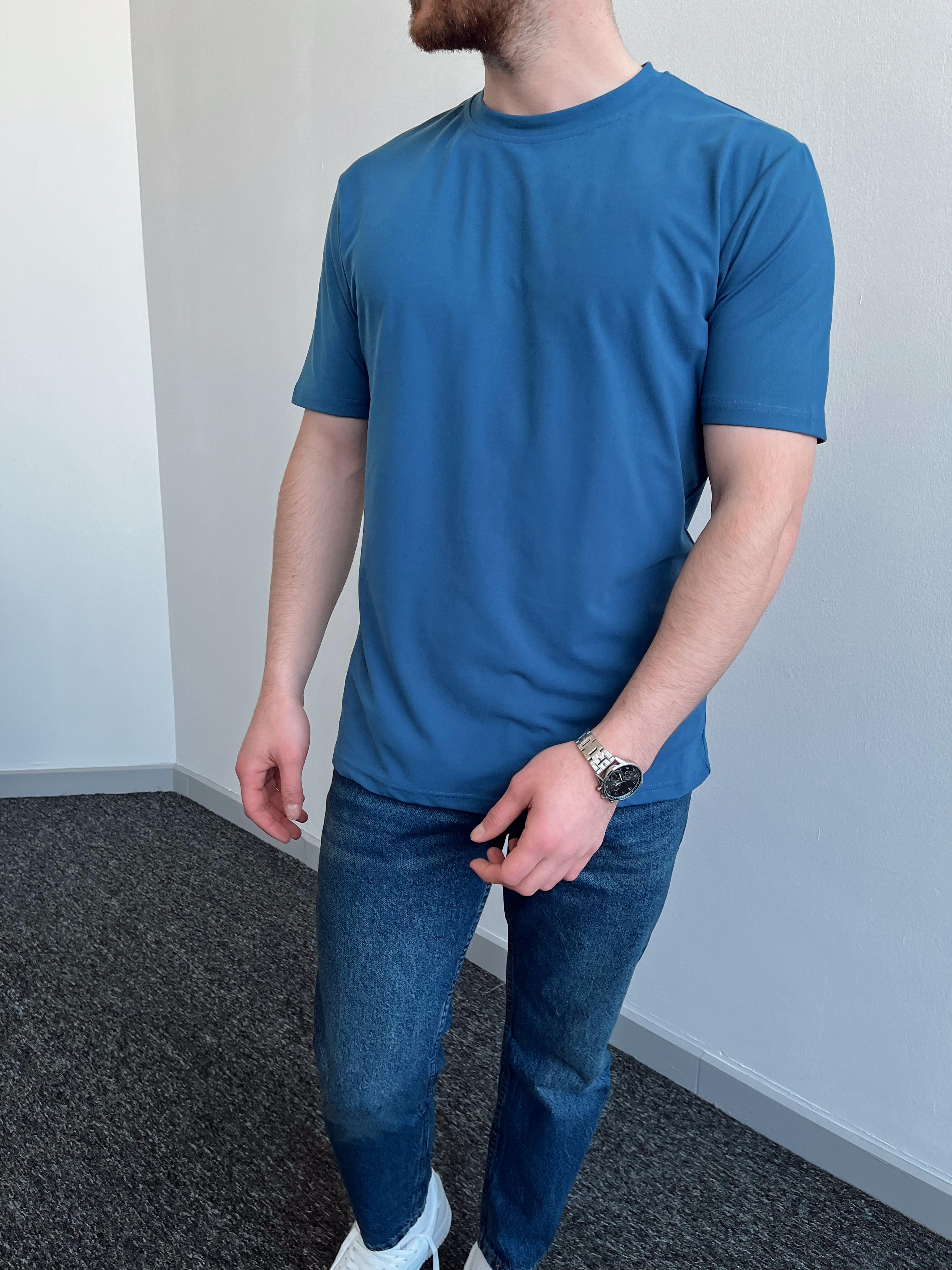 Erkek Oversize Premium Kumaş Likralı Bisiklet Yaka Basic T-shirt-Mavi(E1009)Ketench
