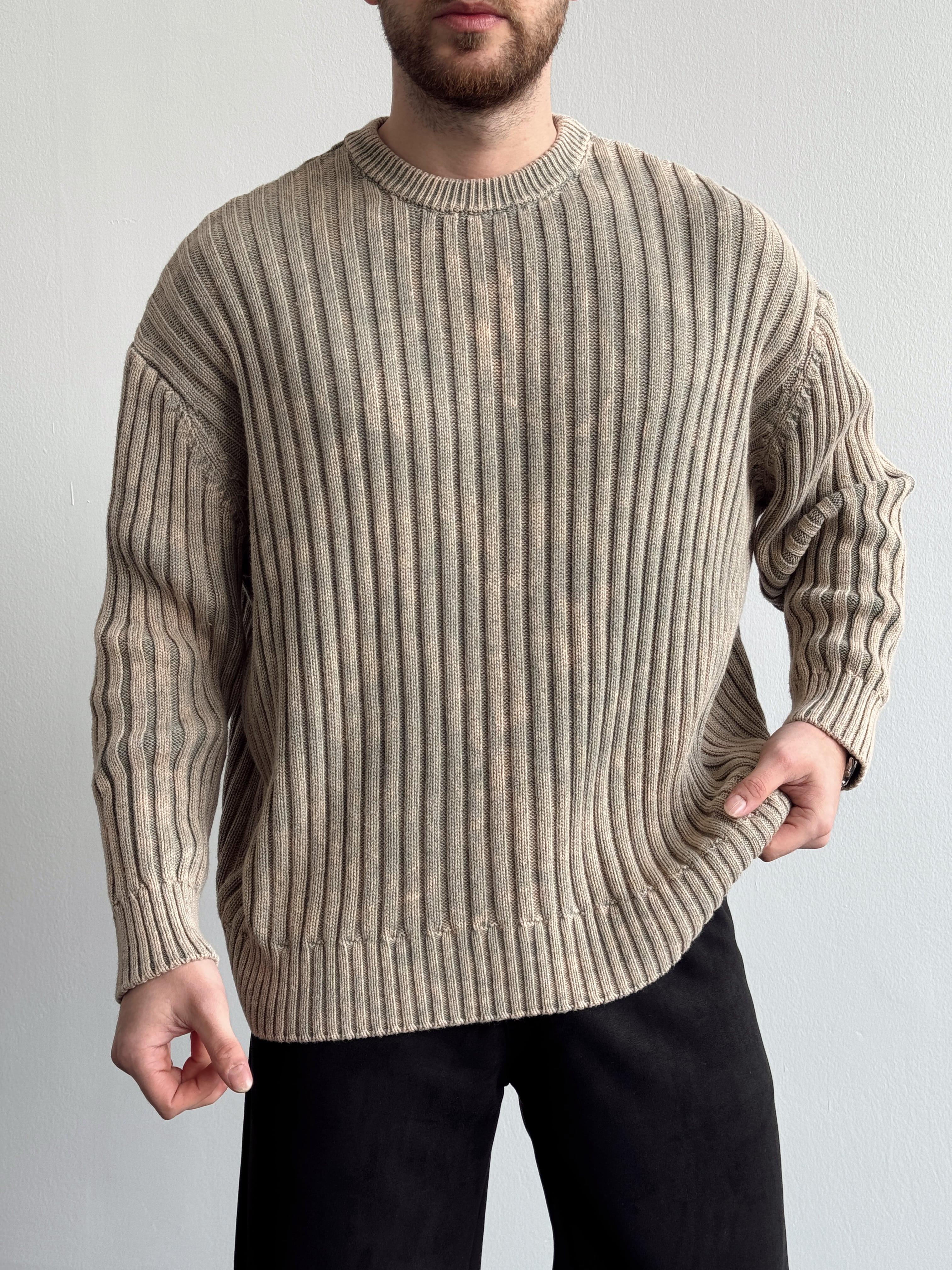 Erkek Oversize Ribbed Washad Bisiklet Yaka Triko Kazak-Taş(E1202)Ketench