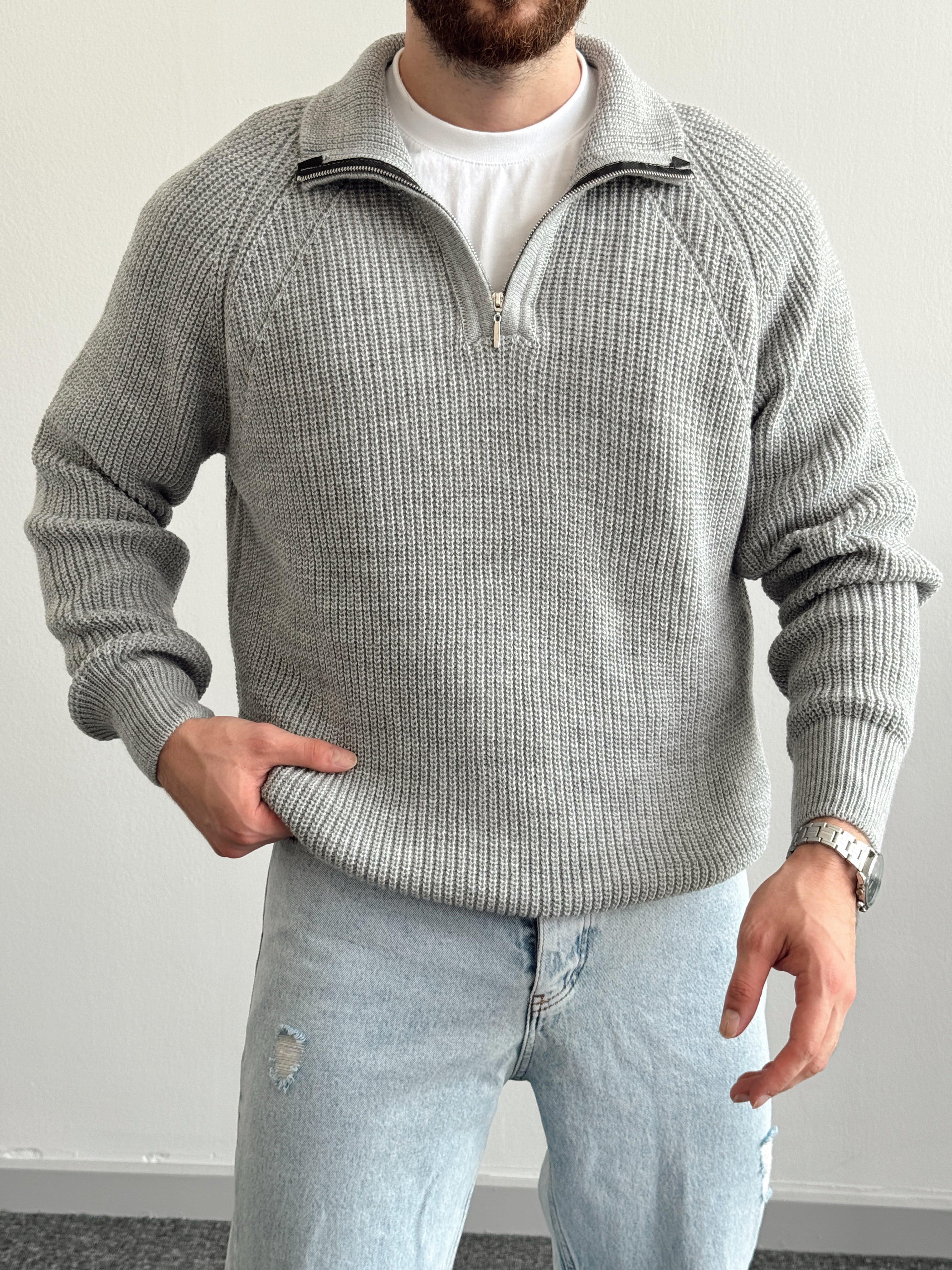 Erkek Oversize Yarım Fermuarlı Triko Kazak-Gri(E1115)Ketench