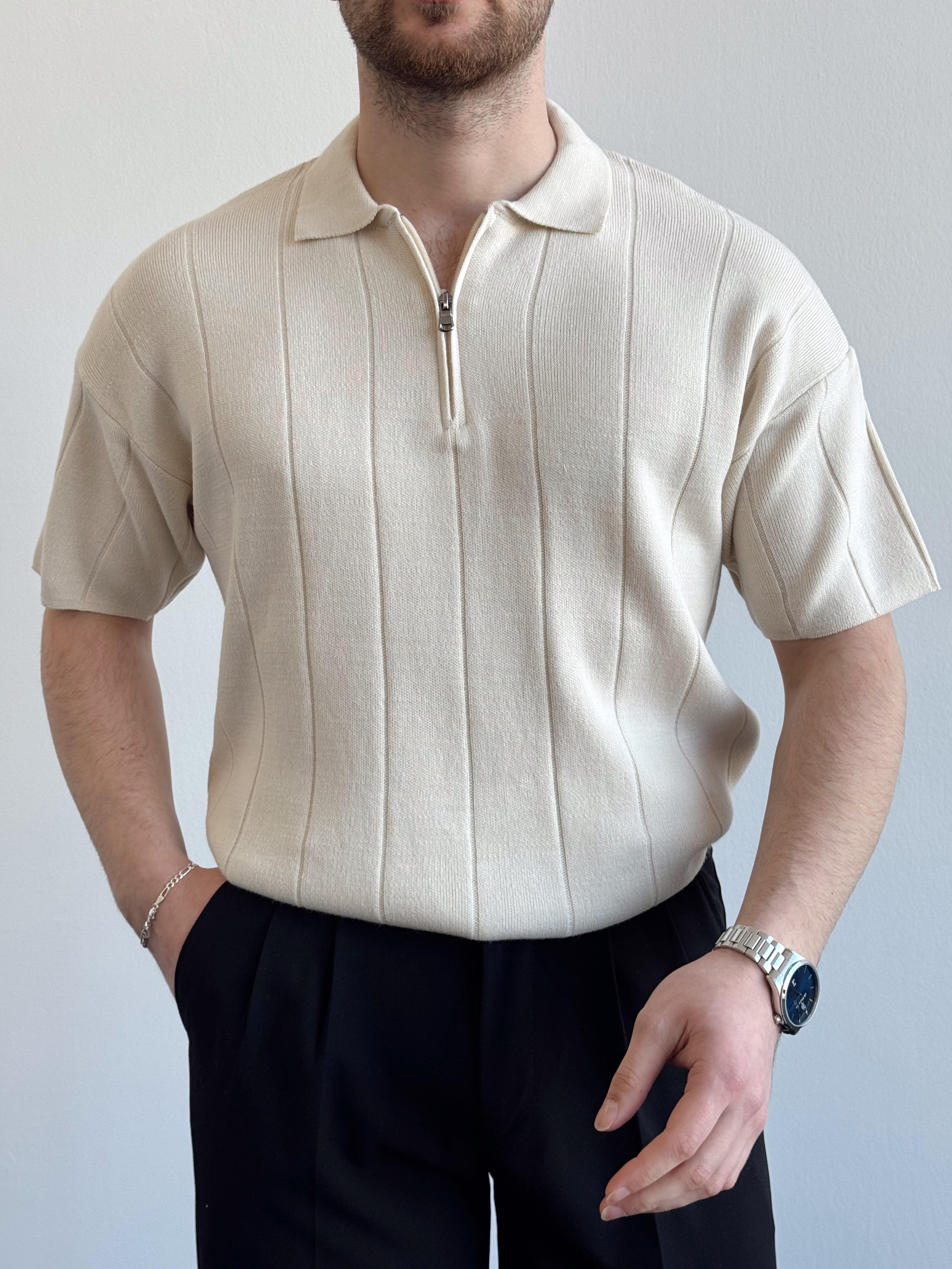 Erkek Özel davet İle Satışa Sunuldu Loose Fit Line Collar Knit T-Shirt-Bej(E1304)Ketench