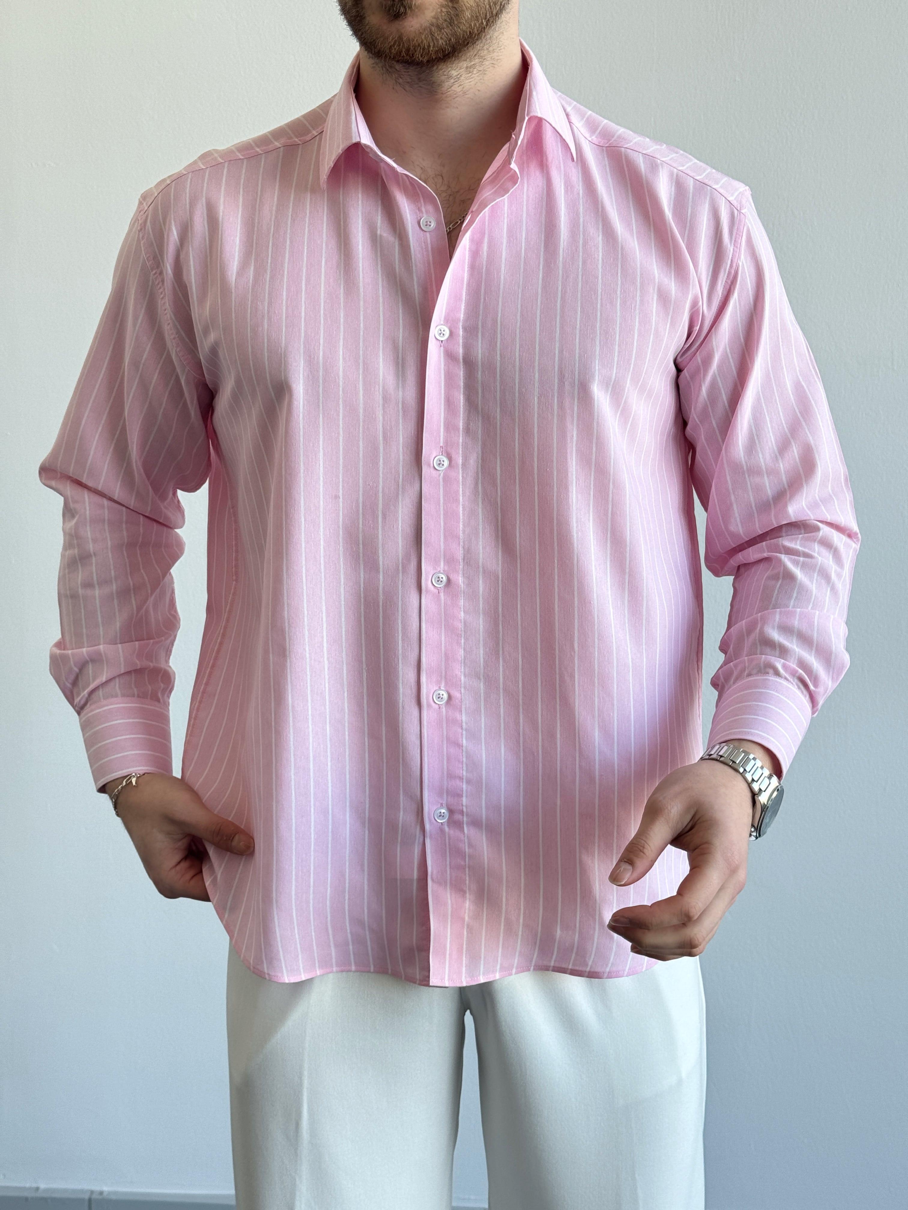 Erkek Özel Davet İle Satışa Sunuldu Oversize Kalıp Çizgi Detaylı Gömlek-Pembe(E1306)Ketench