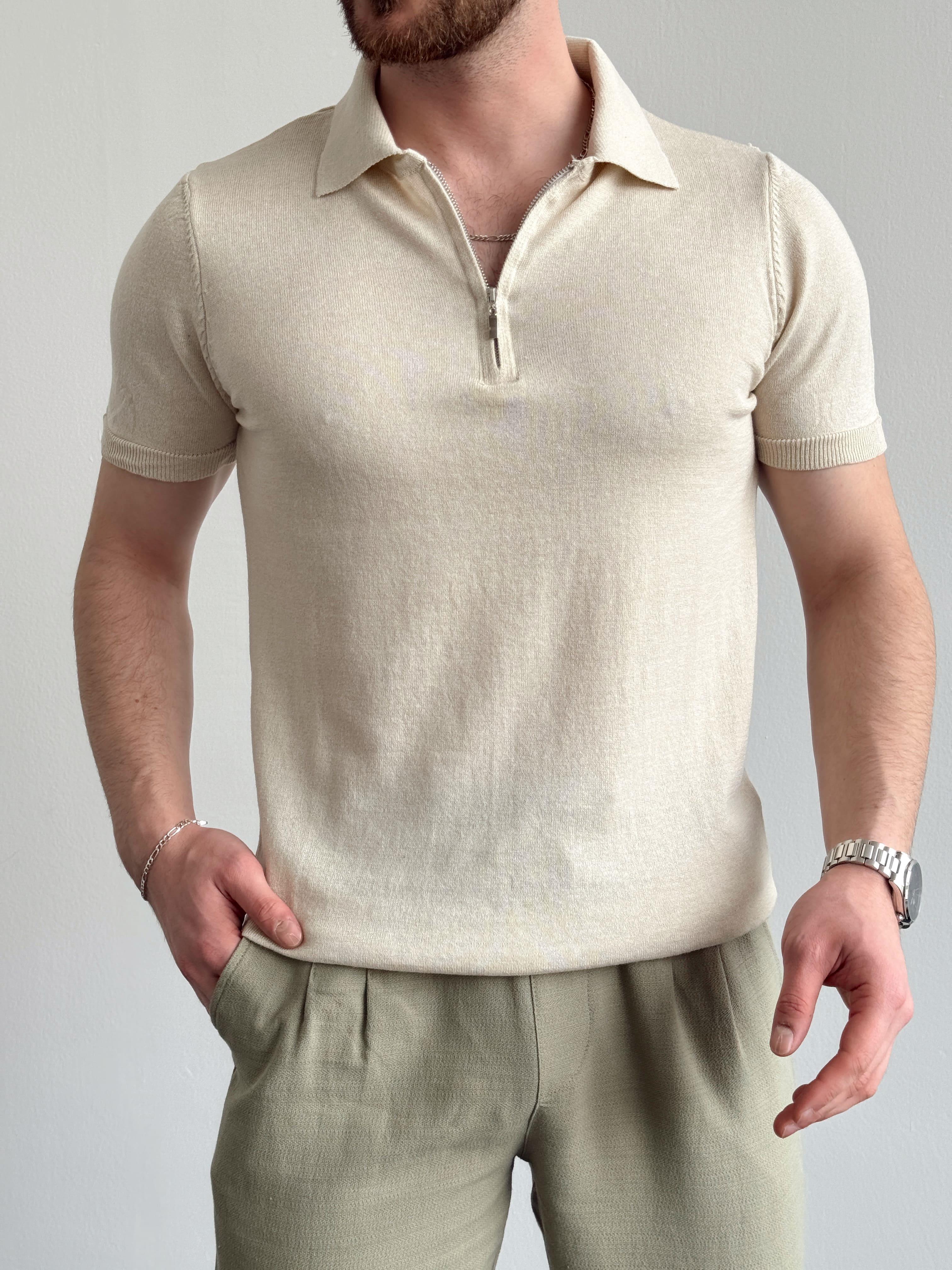 Erkek Özel Koleksiyon %100 Dokuma Pamuk Yıkamalı Fermuar Detaylı Triko T-Shirt-Krem(E1308)Ketench