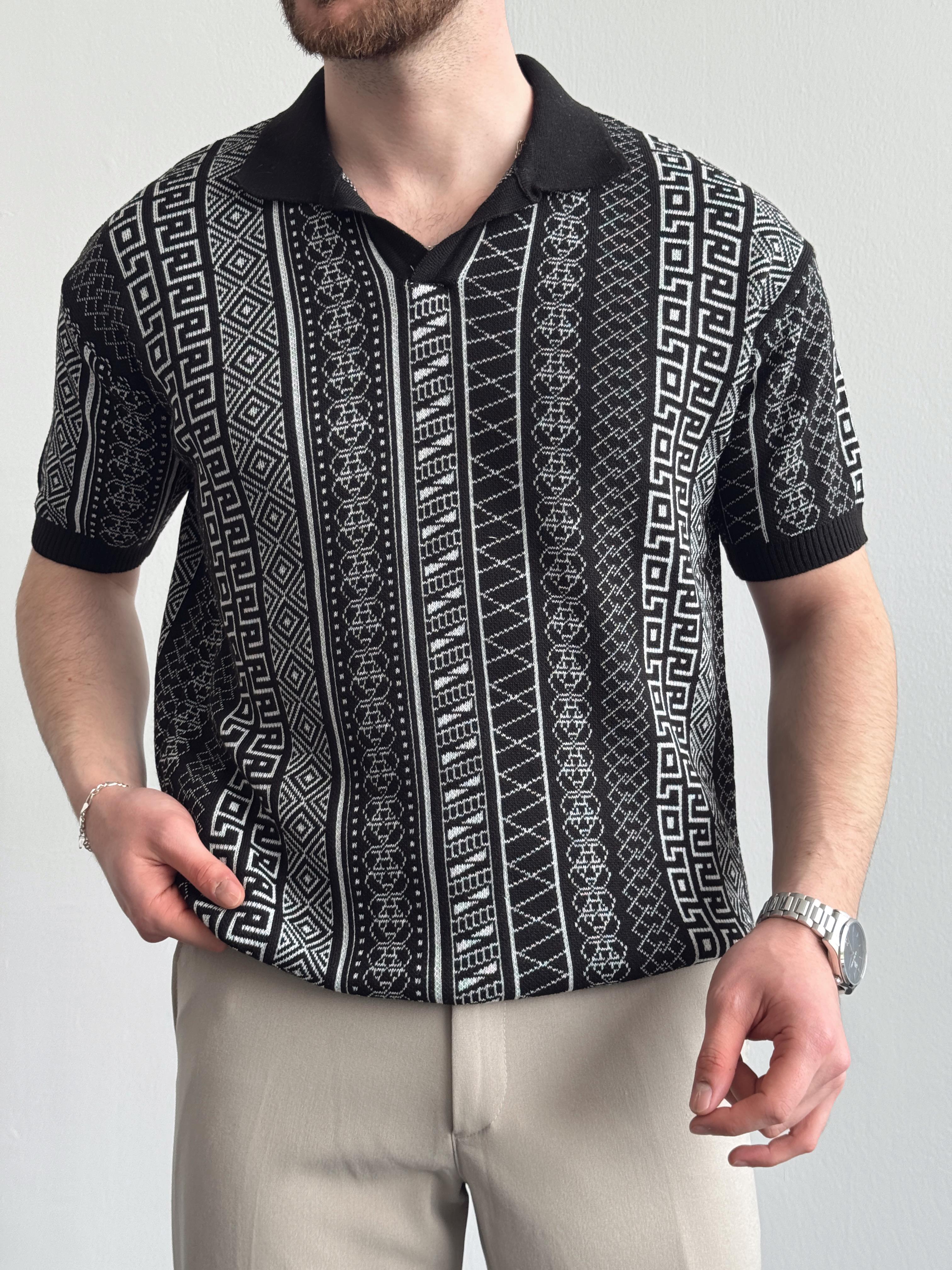 Erkek Özel Koleksiyon Desenli Polo Yaka Triko T-Shirt-Siyah(E1327)Ketench