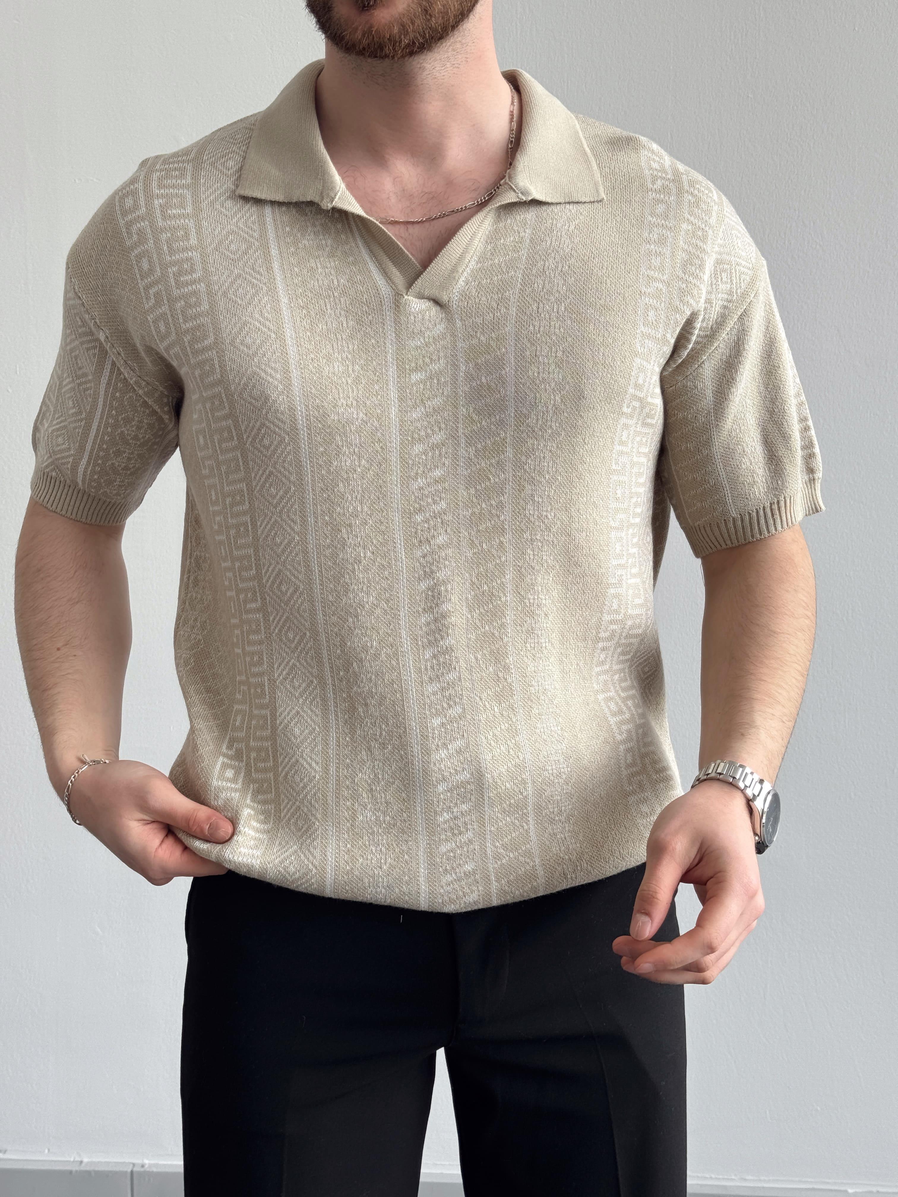 Erkek Özel Koleksiyon Desenli Polo Yaka Triko T-Shirt-Bej(E1327)Ketench