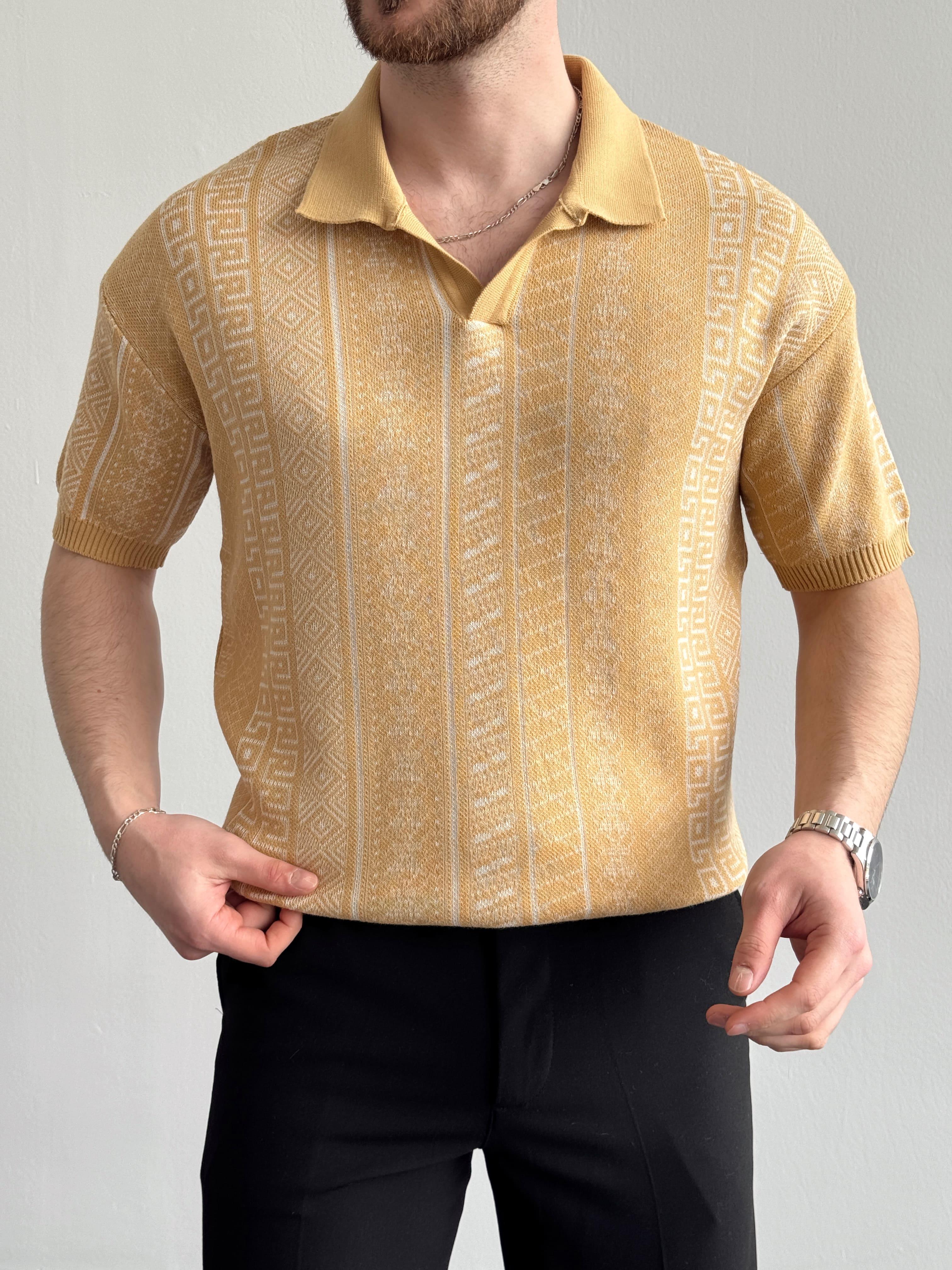 Erkek Özel Koleksiyon Desenli Polo Yaka Triko T-Shirt-Hardal(E1327)Ketench