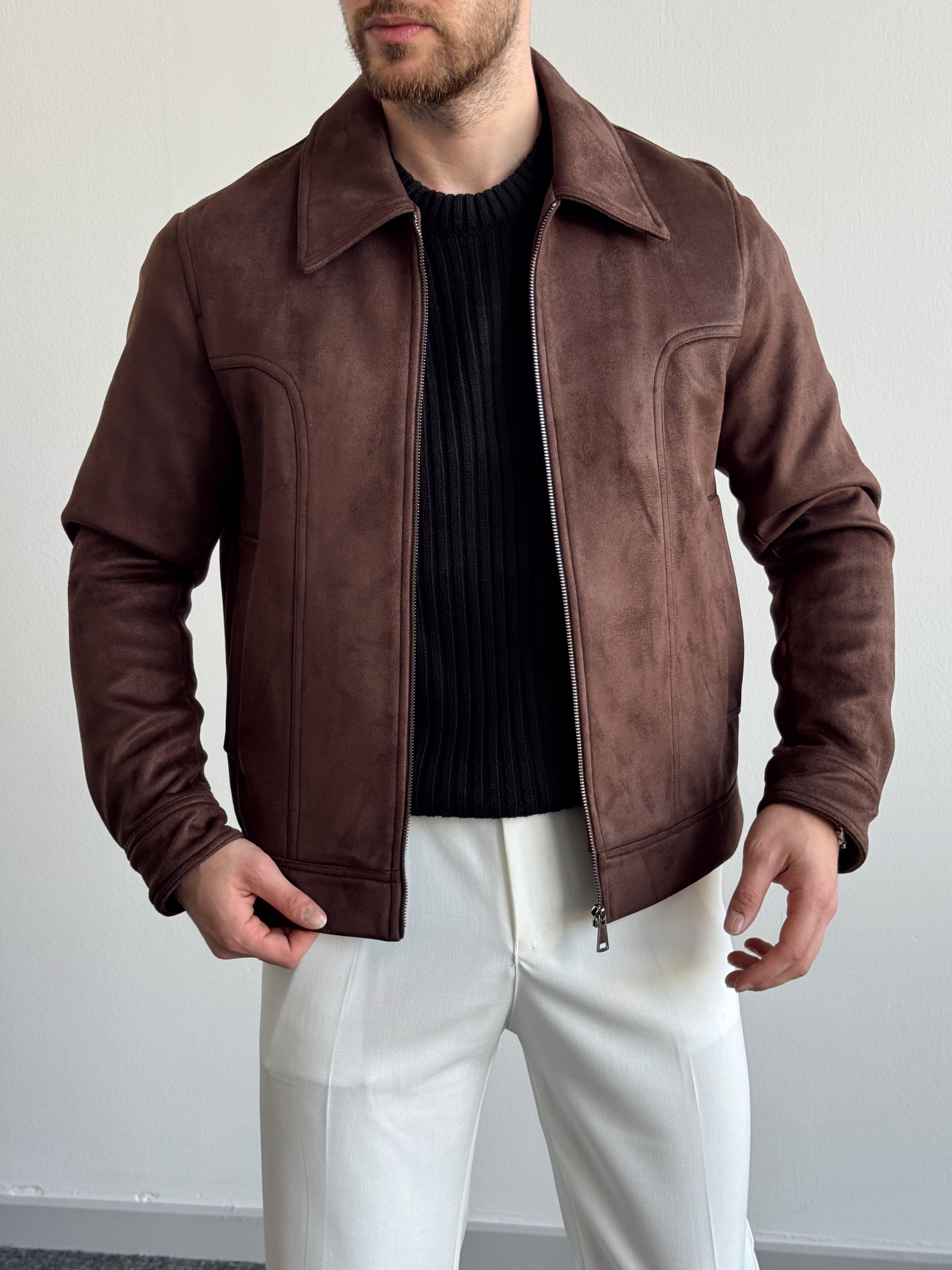 Erkek Özel Premium Seri Crop Fit Süet Mont-Kahverengi(E1182)Ketench