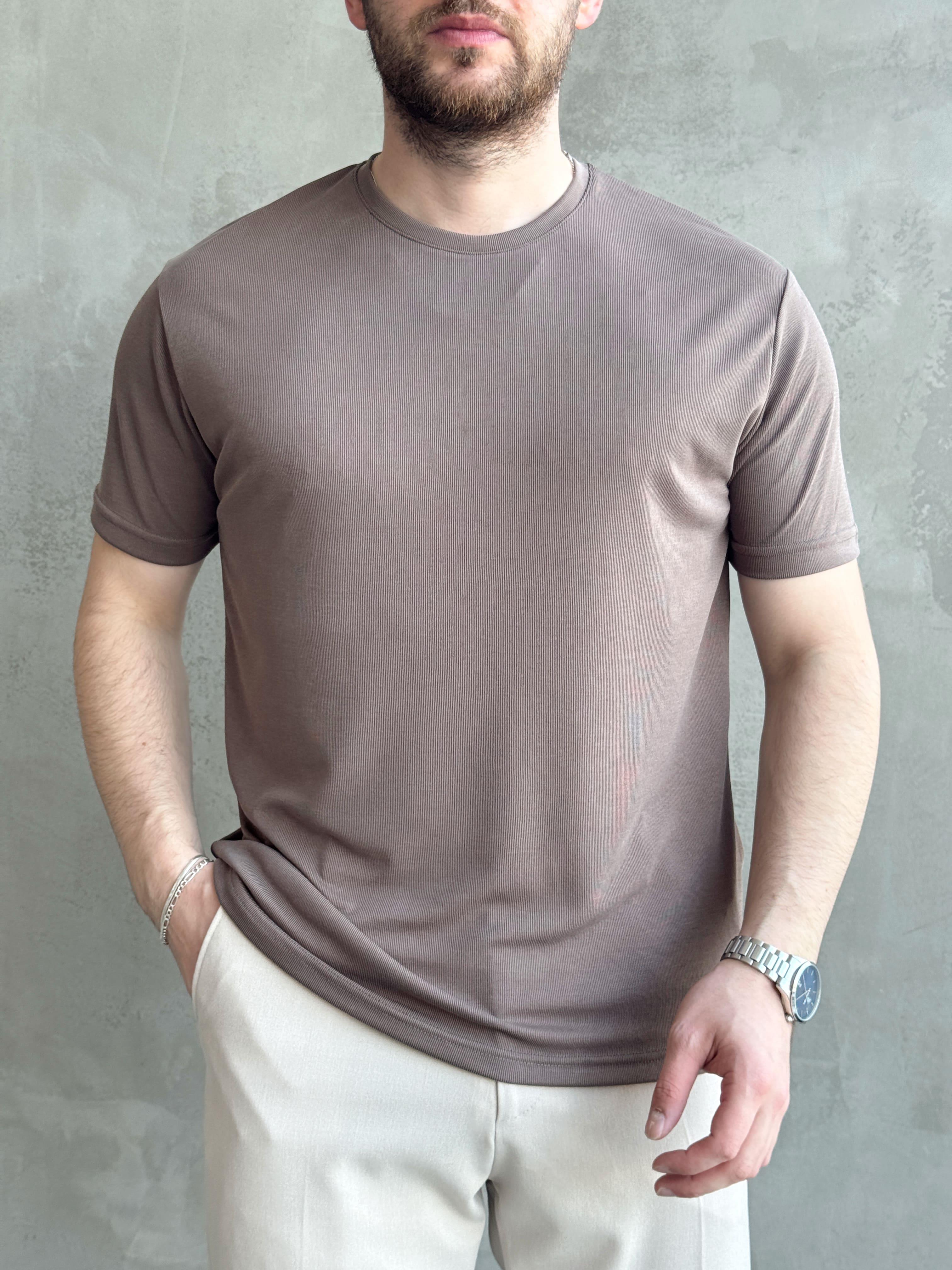 Erkek Özel Premium Seri Oversize Kalıp Bisiklet Yaka Luxury Comfort T-Shirt-Kahverengi(1628)Ketench