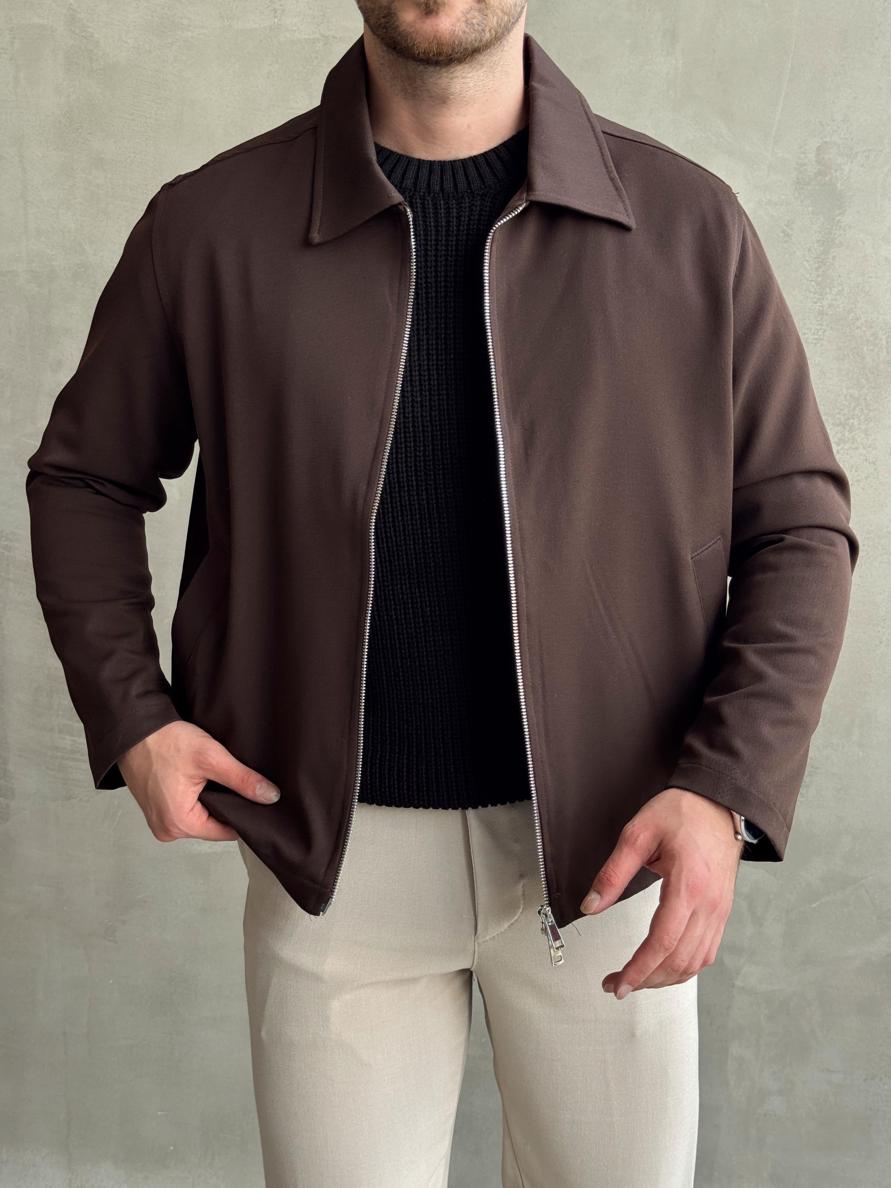 Erkek Özel Premium Seri Oversize Kalıp Çift Astarlı Düz Model Gabardin Kumaş Ceket-Kahverengi(E1464)Ketench