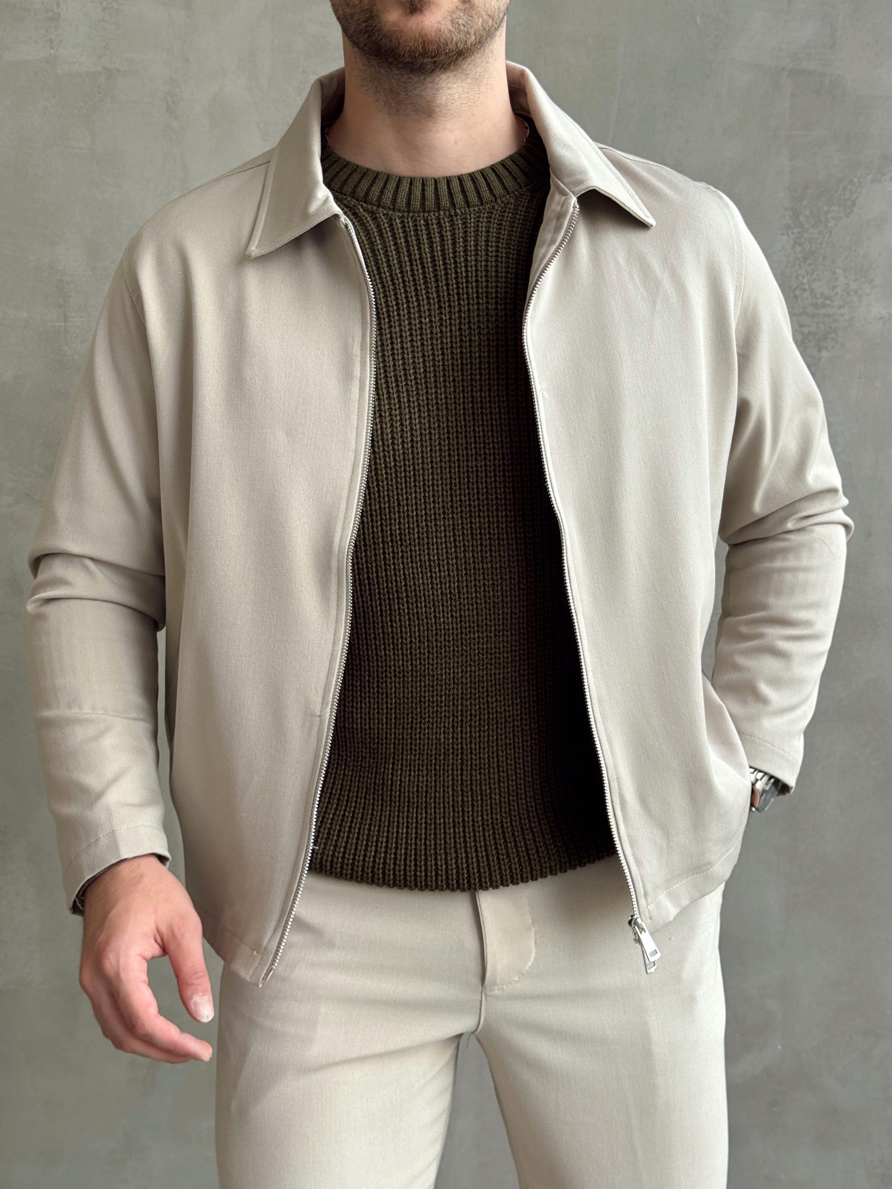 Erkek Özel Premium Seri Oversize Kalıp Çift Astarlı Düz Model Gabardin Kumaş Ceket-Bej(E1464)Ketench