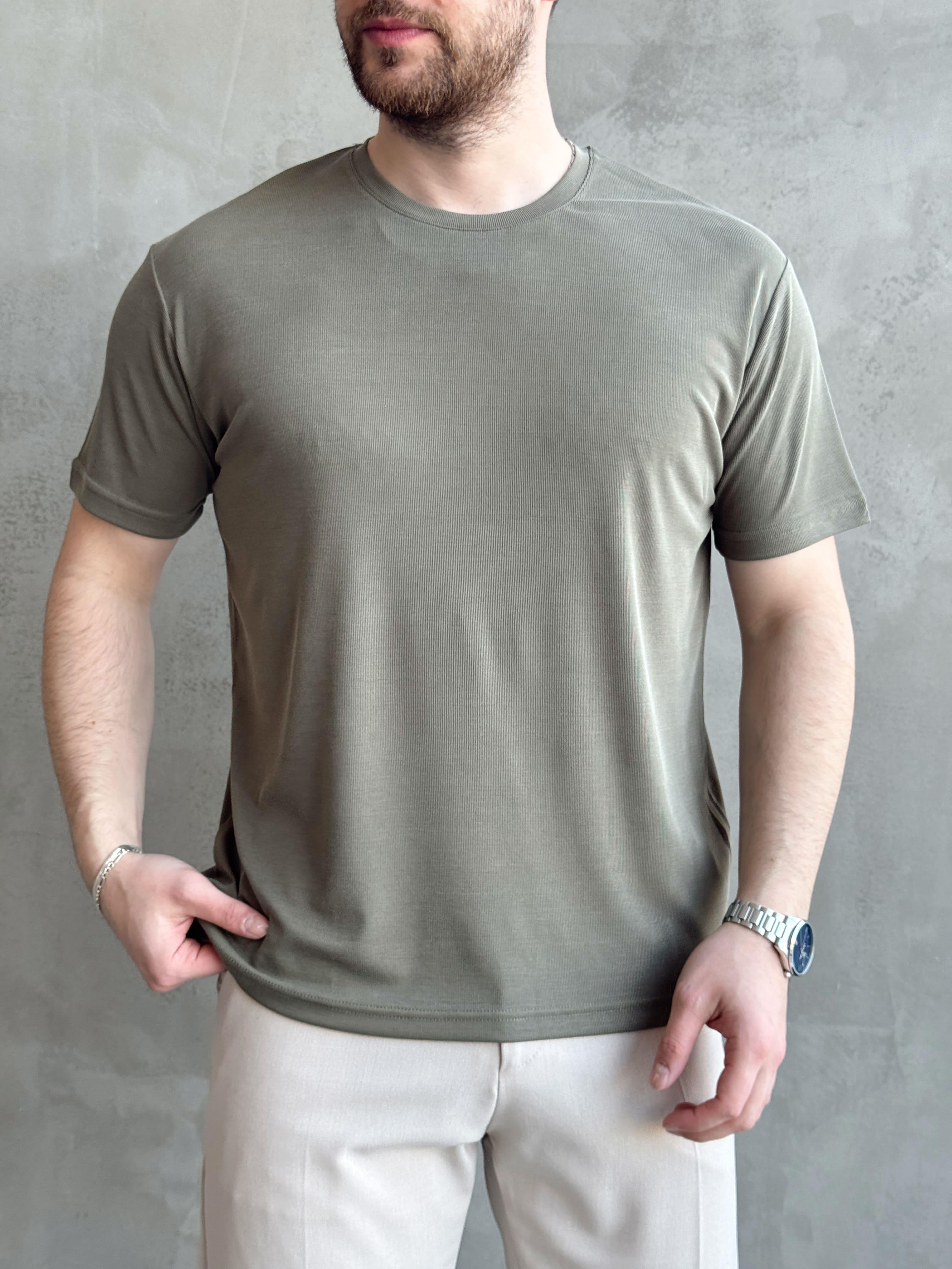 Erkek Özel Premium Seri Oversize Kalıp Bisiklet Yaka Luxury Comfort T-Shirt-Haki(1628)Ketench