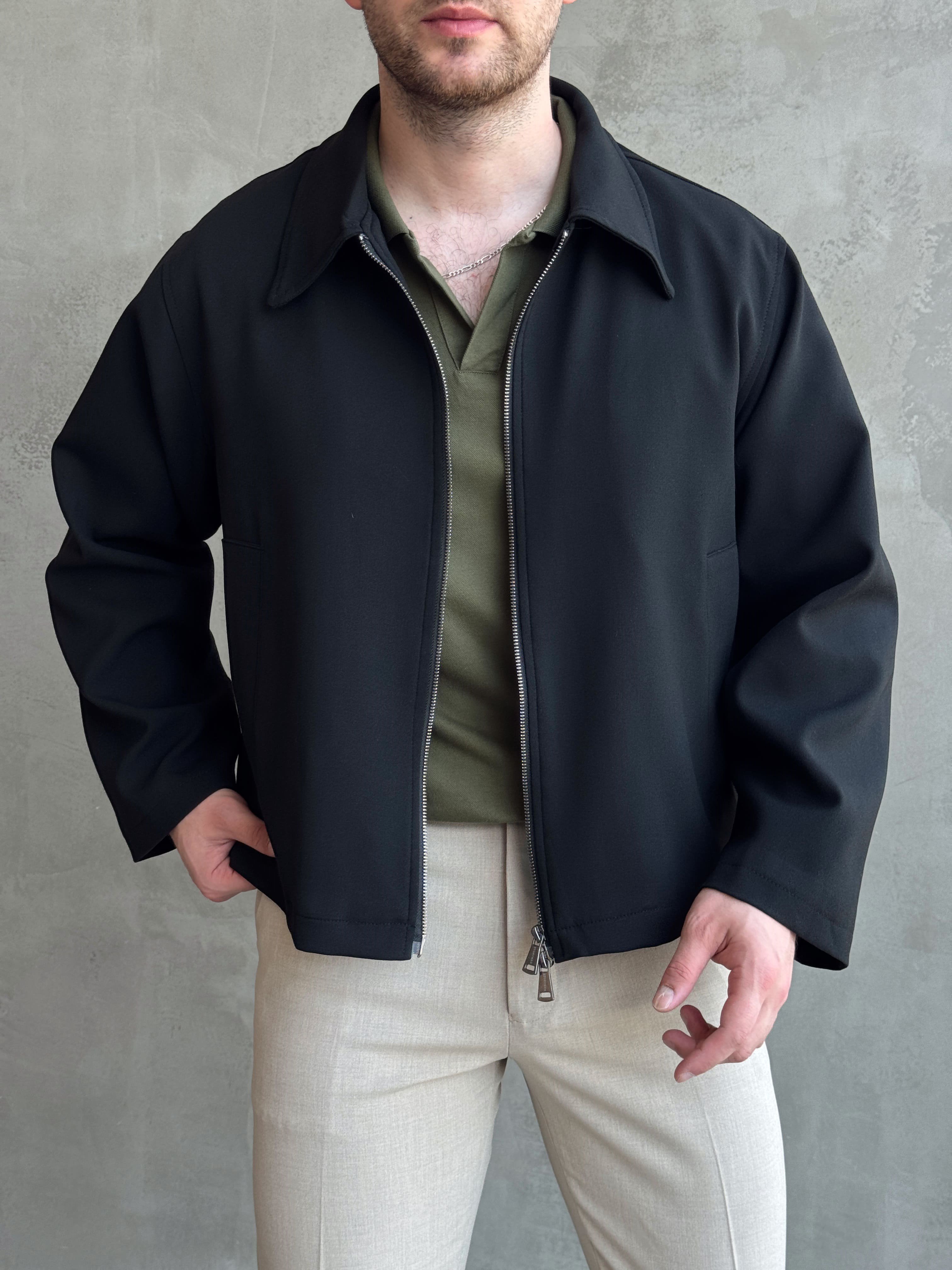 Erkek Özel Premium Seri Oversize Kalıp Çift Astarlı Düz Model Gabardin Kumaş Ceket-Siyah(E1761)Ketench