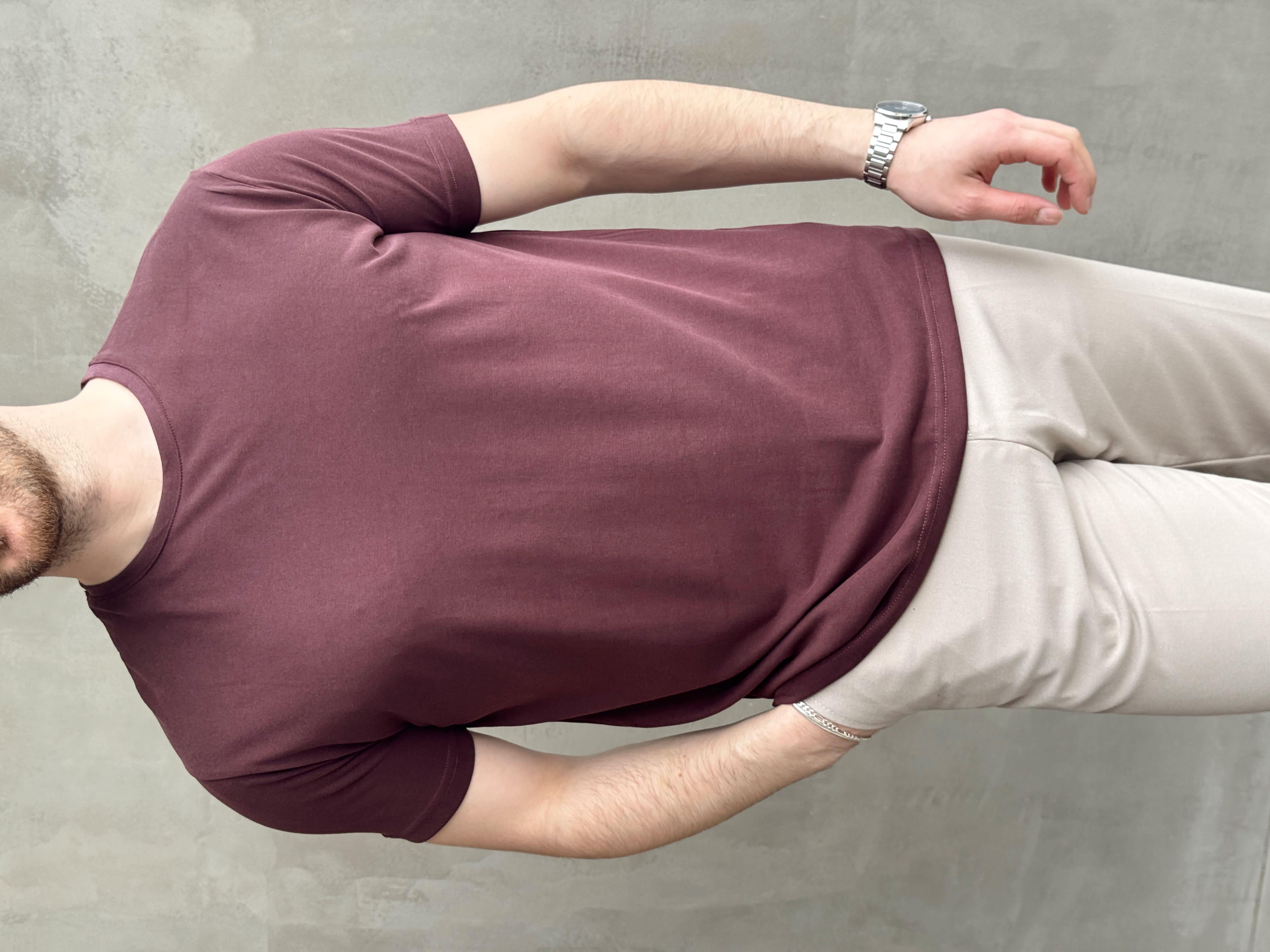 Erkek Özel Premium Seri Regular Fit Bisiklet Yaka Modal Kumaş Düz T-Shirt-Bordo(E1680)Ketench