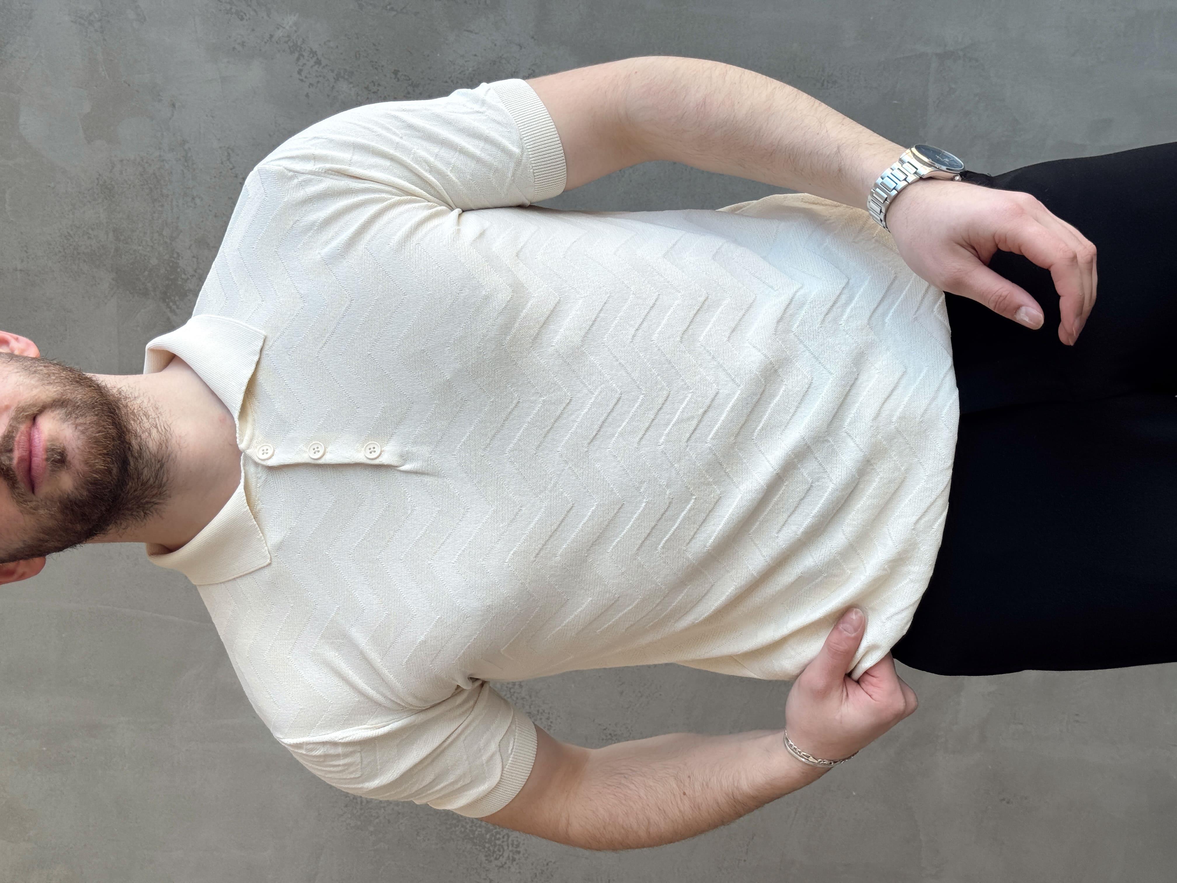 Erkek Özel Premium Seri Regular Fit Desenli Düğme Detay Polo Yaka Triko T-Shirt-Krem(E1658)Ketench