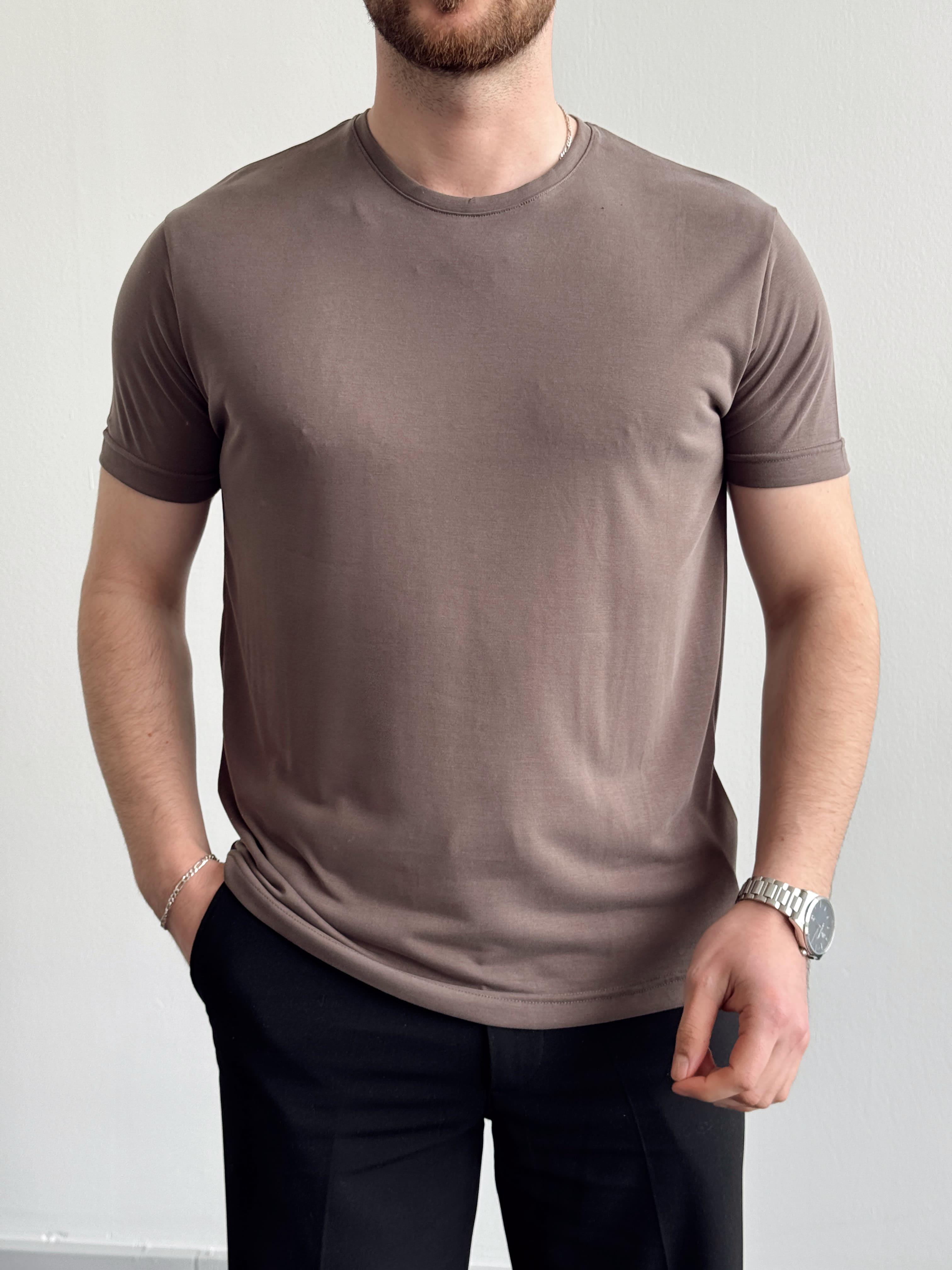 Erkek Özel Premium Seri Regular Fit Modal Teknik Kumaş T-Shirt-Kahverengi(E1340)Ketench