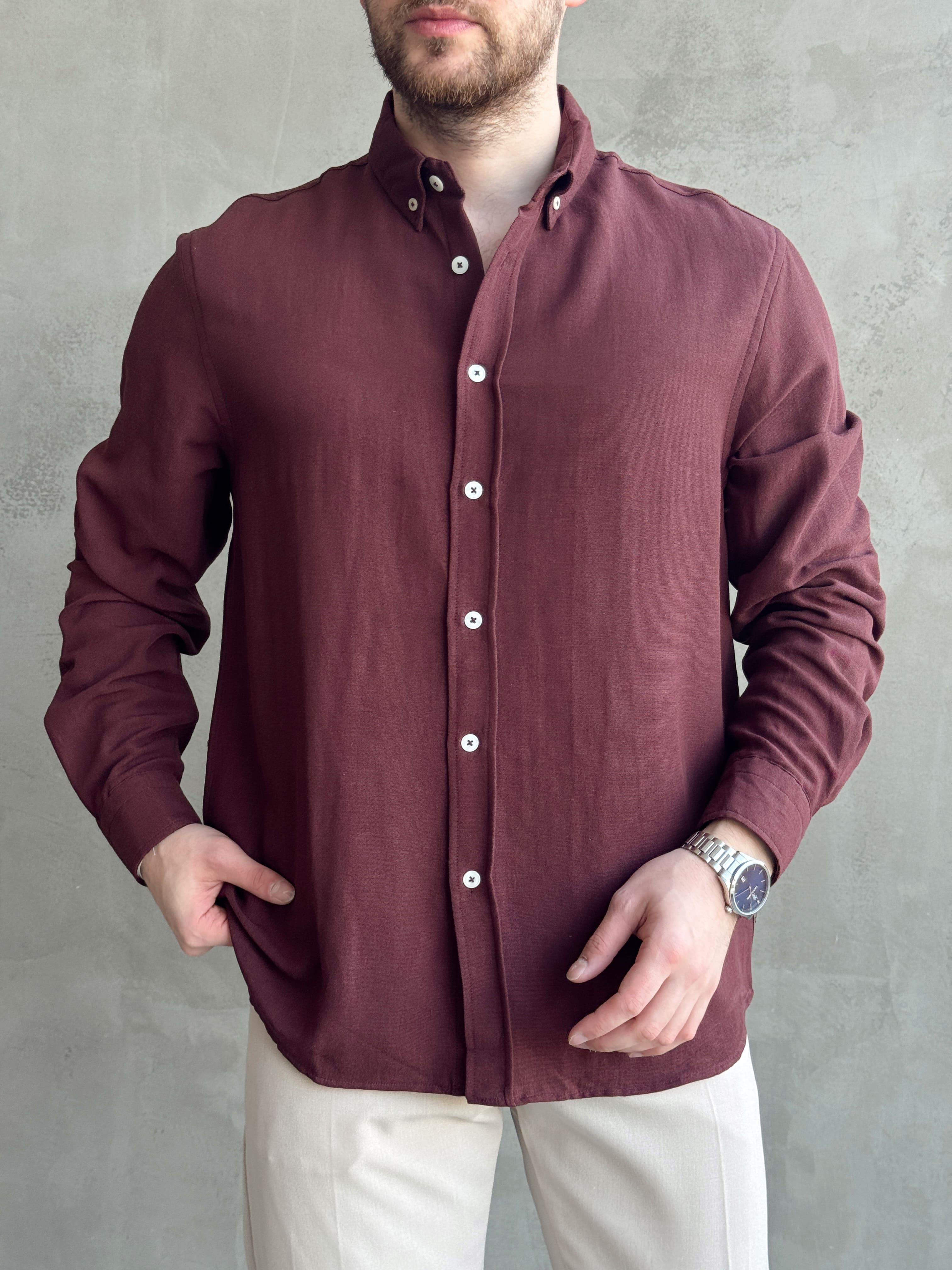 Erkek Özel Premium Seri Regular Fit Yaka Düğme Detaylı Keten Gömlek-Bordo(E1626)Ketench