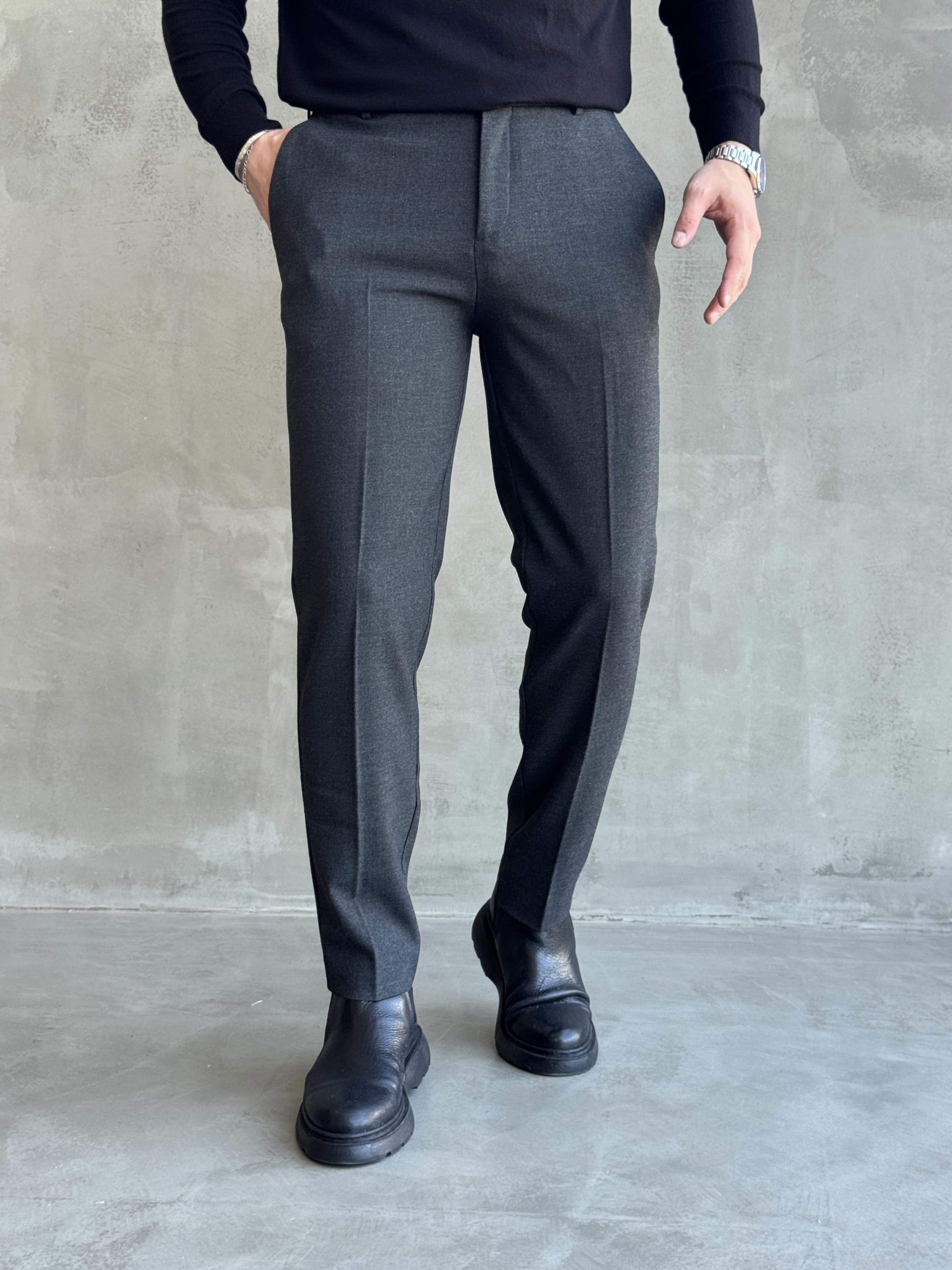 Erkek Özel Premium Seri Yüksek Bel Kopçalı Comfort Slim Kalıp Kışlık Kumaş Pantolon-Antrasit(E1822)Ketench