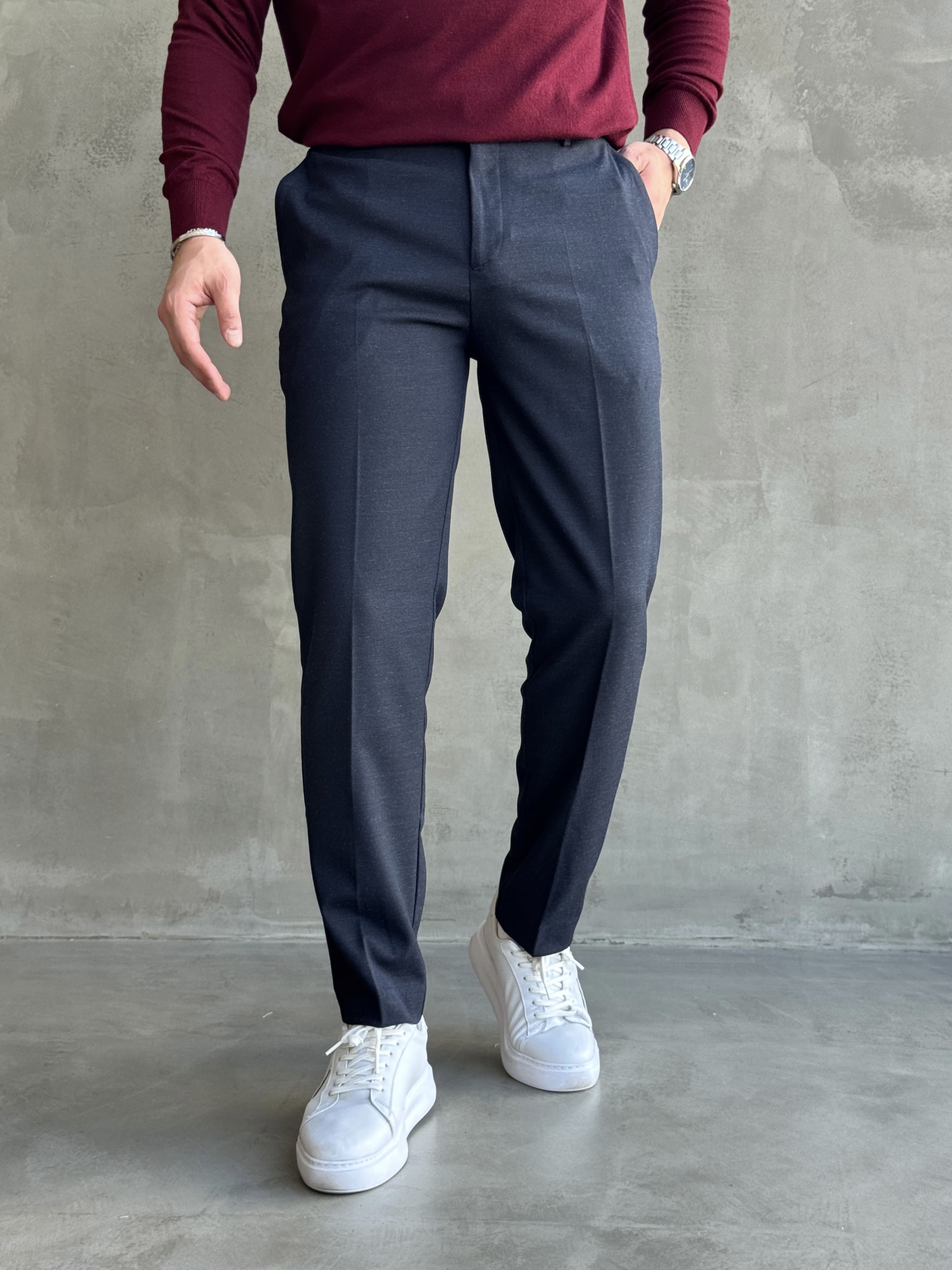 Erkek Özel Premium Seri Yüksek Bel Kopçalı Comfort Slim Kalıp Kışlık Kumaş Pantolon-Lacivert(E1822)Ketench