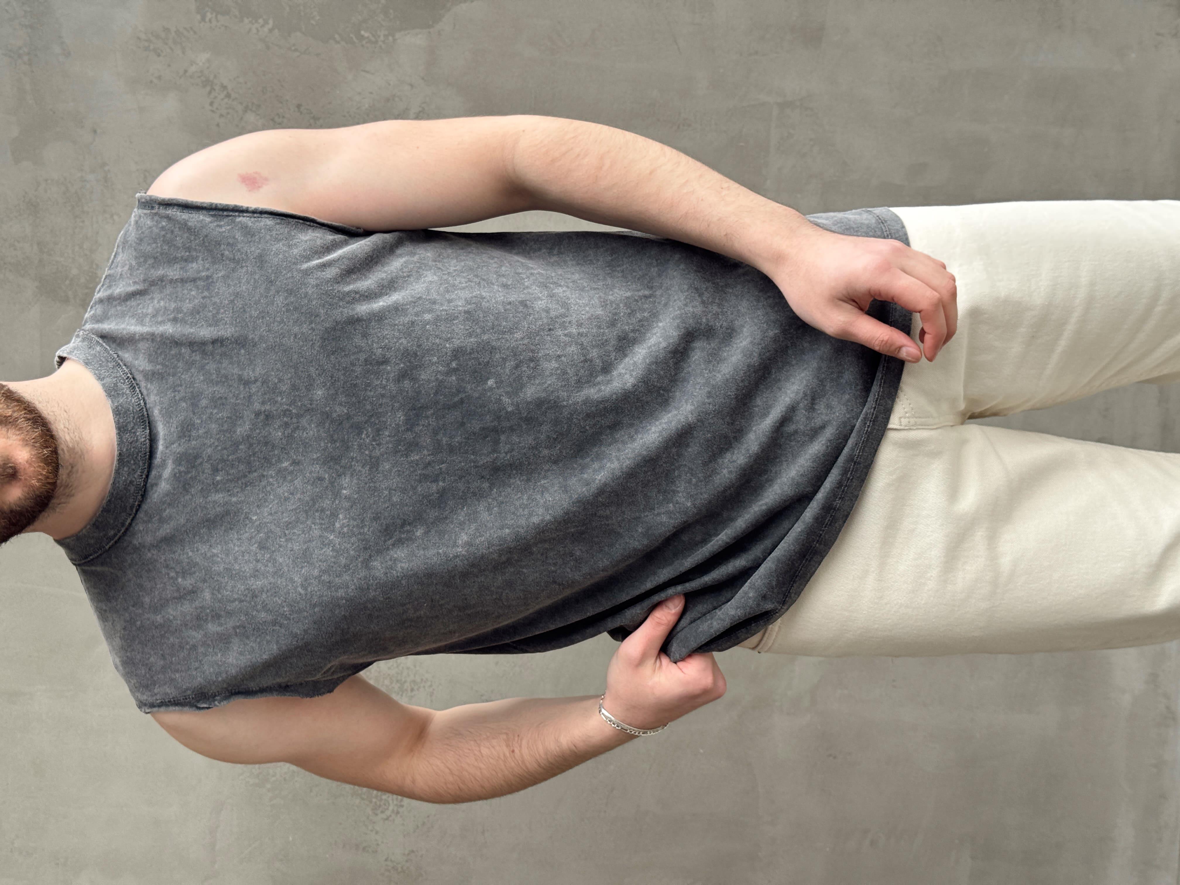 Erkek Özel Seri Yıkama Detay Oversize Kalıp Bisiklet Yaka Sıfır Kol T-Shirt-Siyah(E1672)Ketench