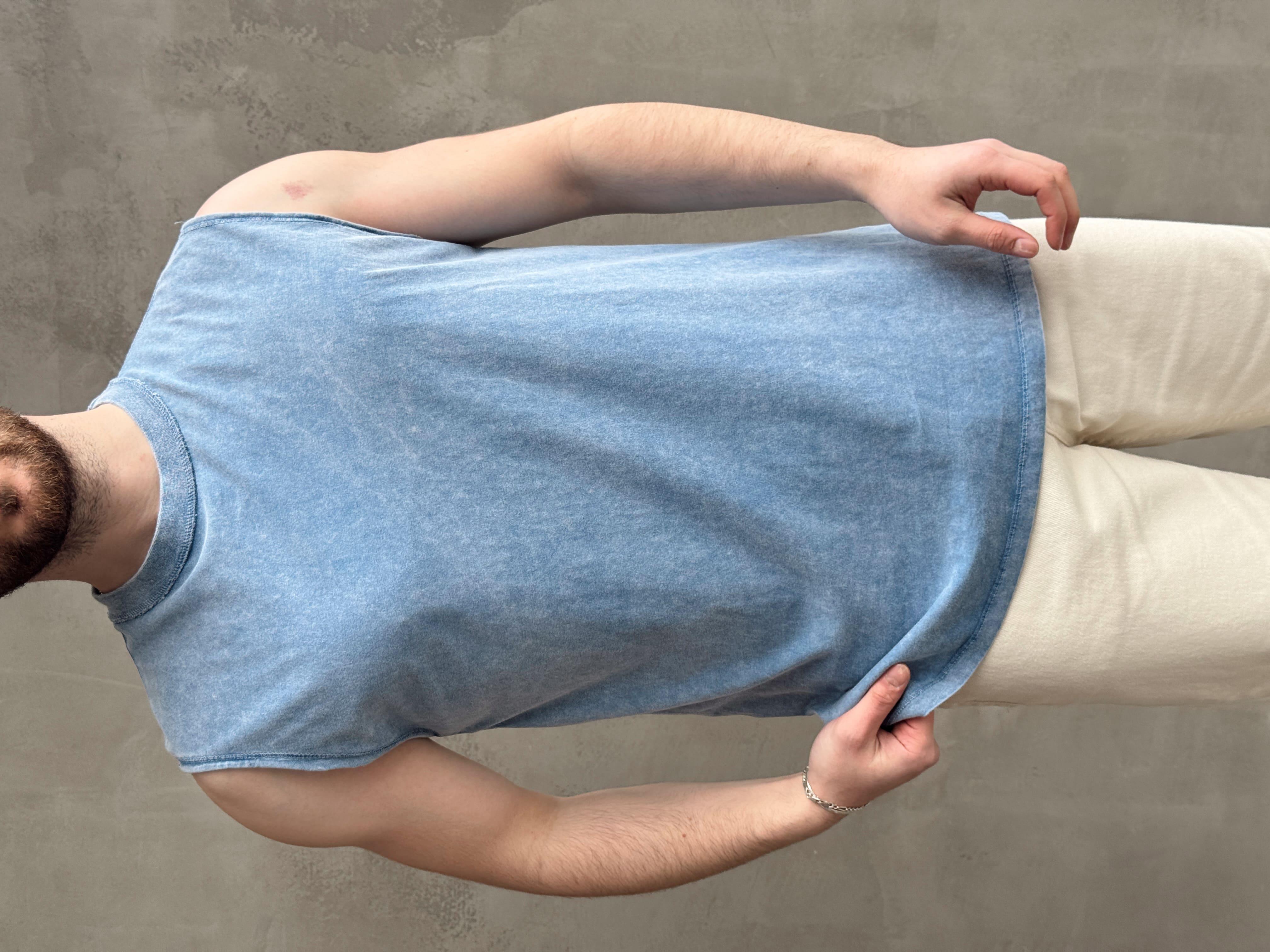 Erkek Özel Seri Yıkama Detay Oversize Kalıp Bisiklet Yaka Sıfır Kol T-Shirt-Mavi(E1672)Ketench