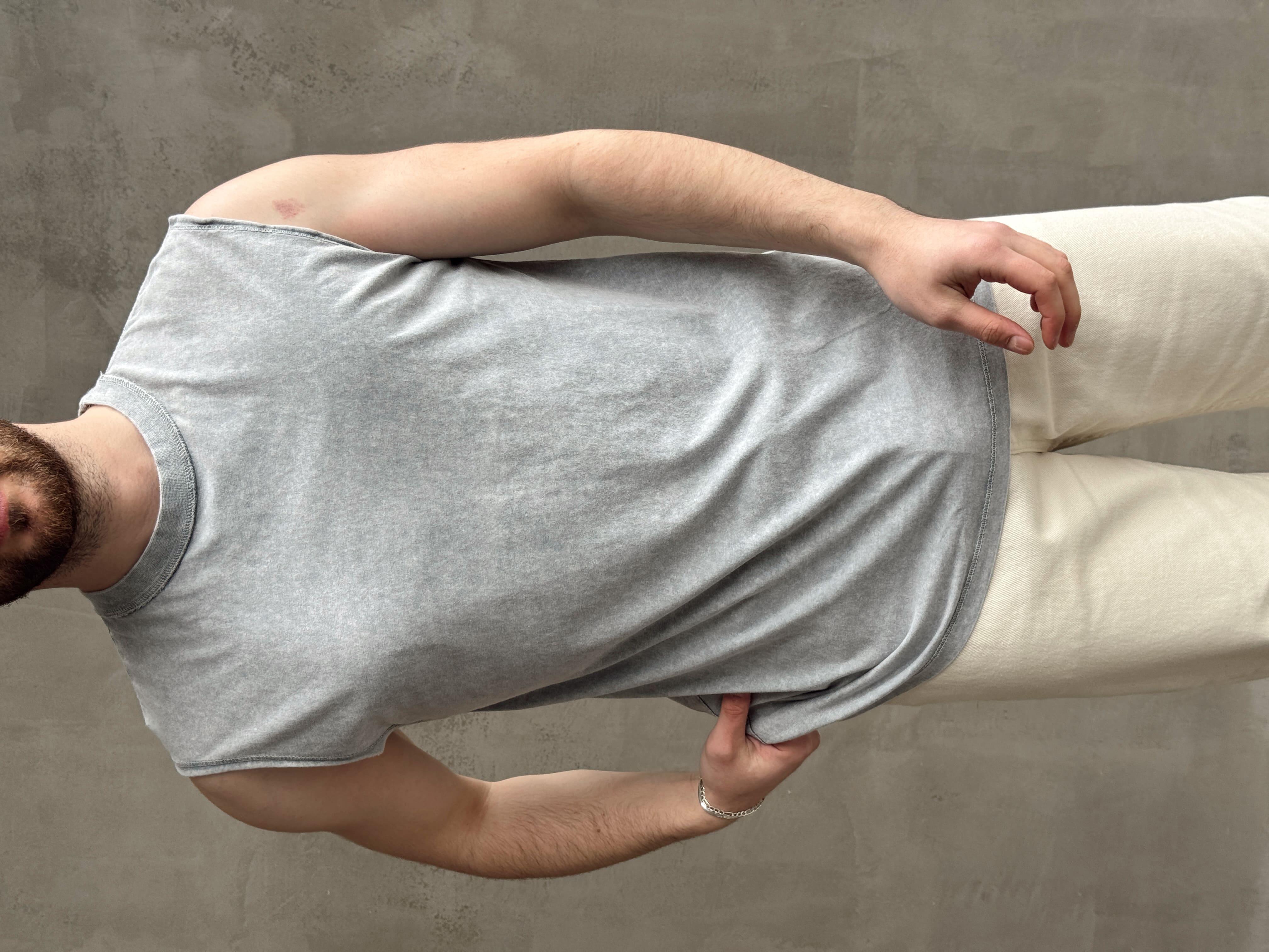Erkek Özel Seri Yıkama Detay Oversize Kalıp Bisiklet Yaka Sıfır Kol T-Shirt-Gri(E1672)Ketench