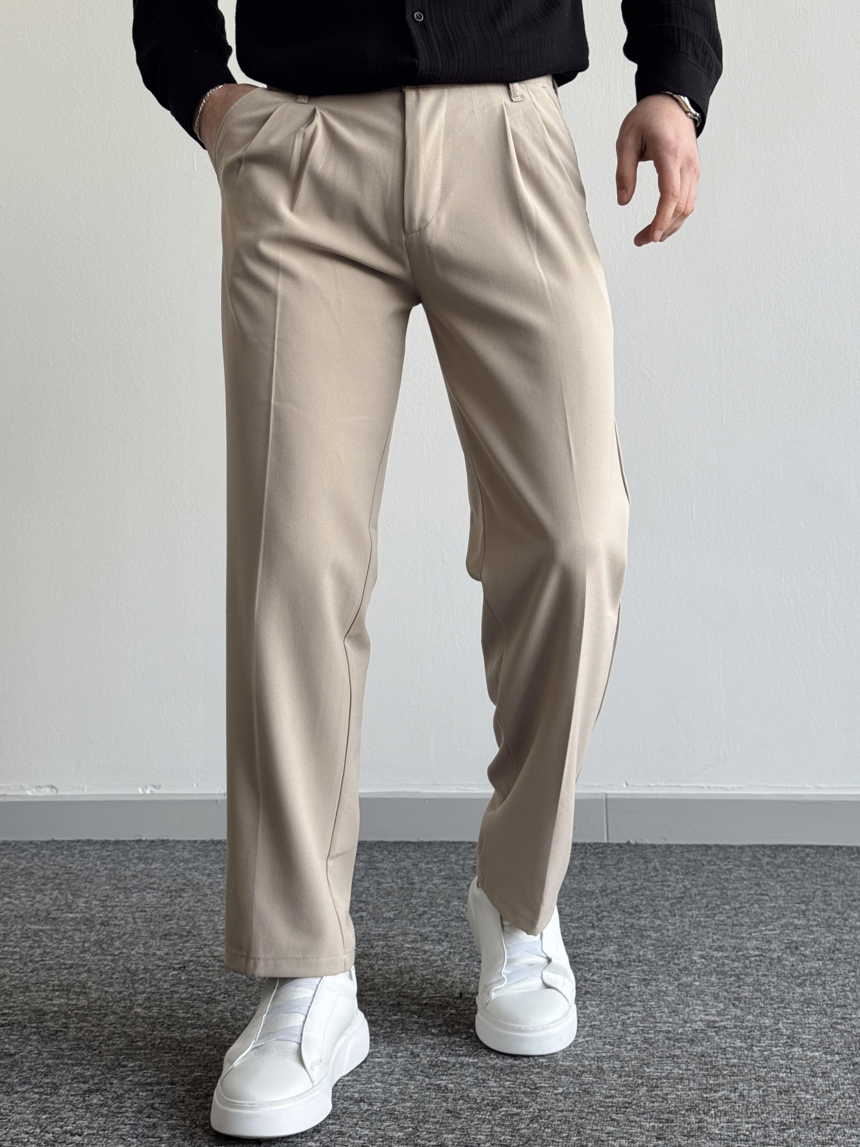 Erkek Pileli Baggy Beli Lastikli Kumaş Pantolon-Bej(E1010)Ketench