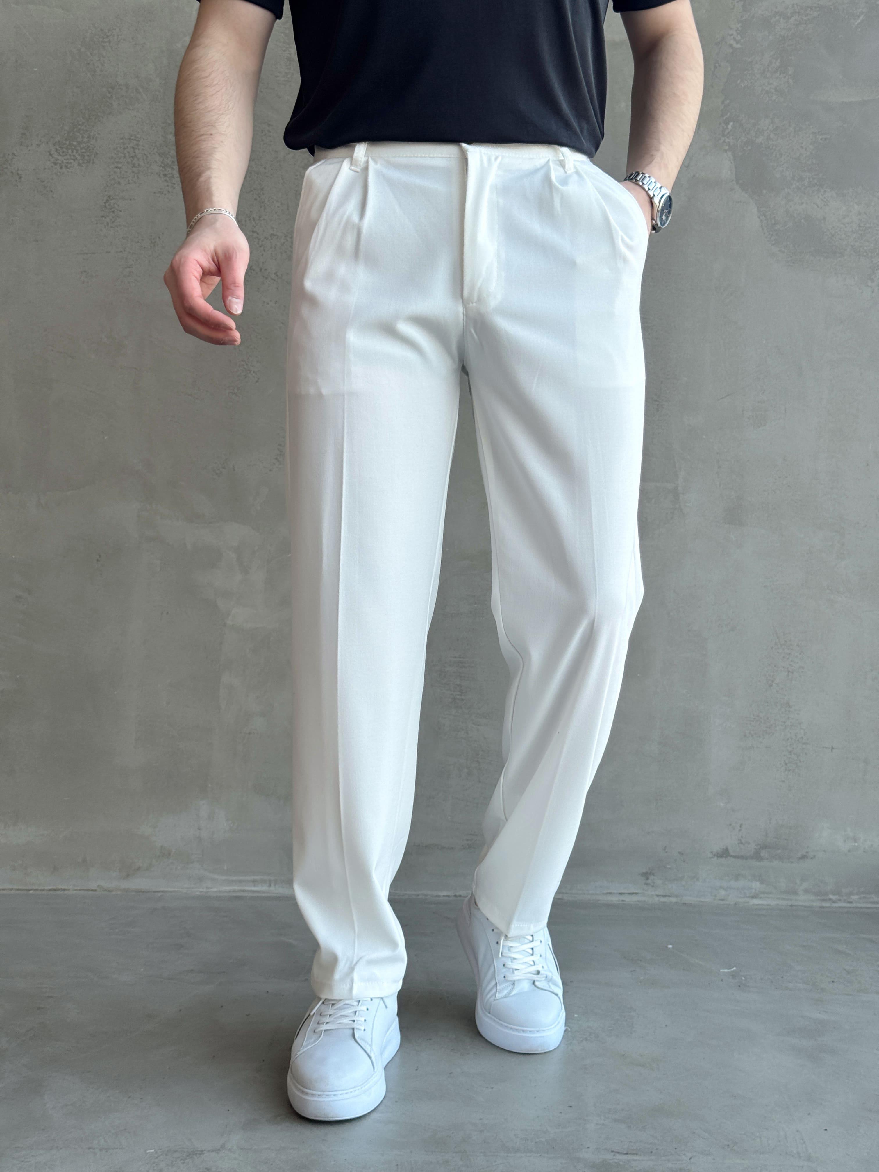 Erkek Pileli Baggy Beli Lastikli Kumaş Pantolon-Beyaz(E1010)Ketench
