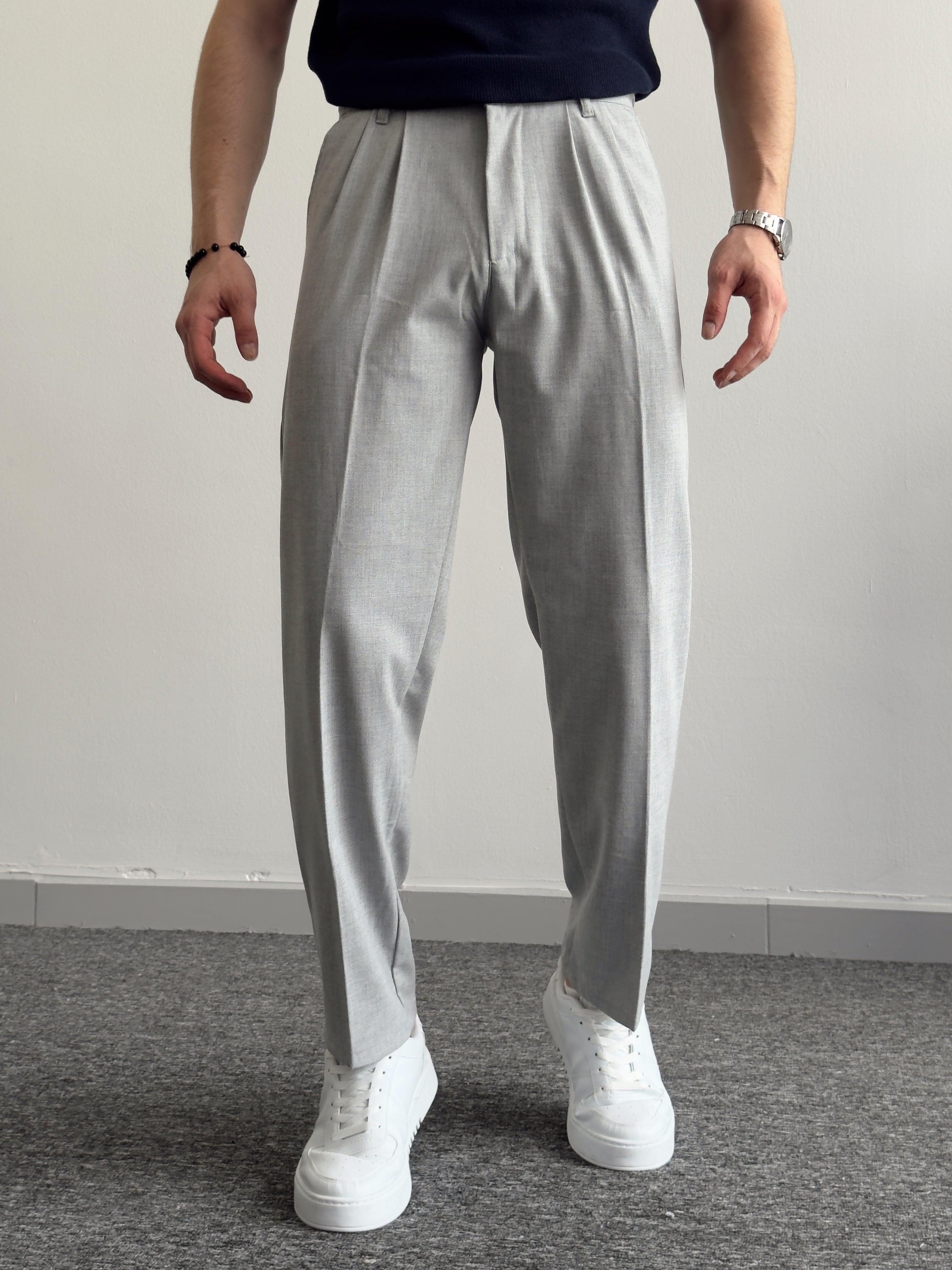 Erkek Pileli Baggy Beli Lastikli Kumaş Pantolon-Gri(E1010)Ketench