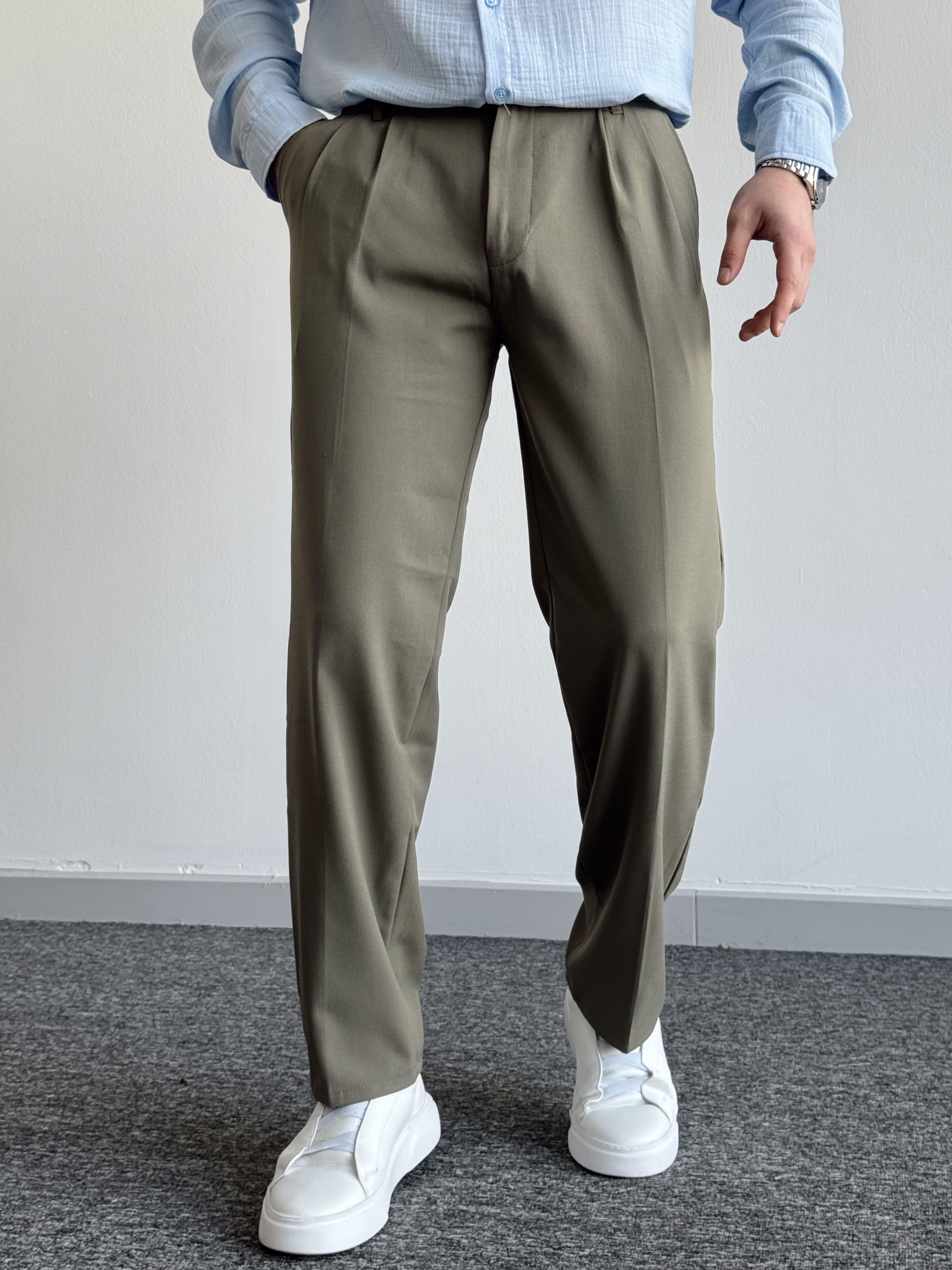Erkek Pileli Baggy Beli Lastikli Kumaş Pantolon-Yeşil(E1010)Ketench
