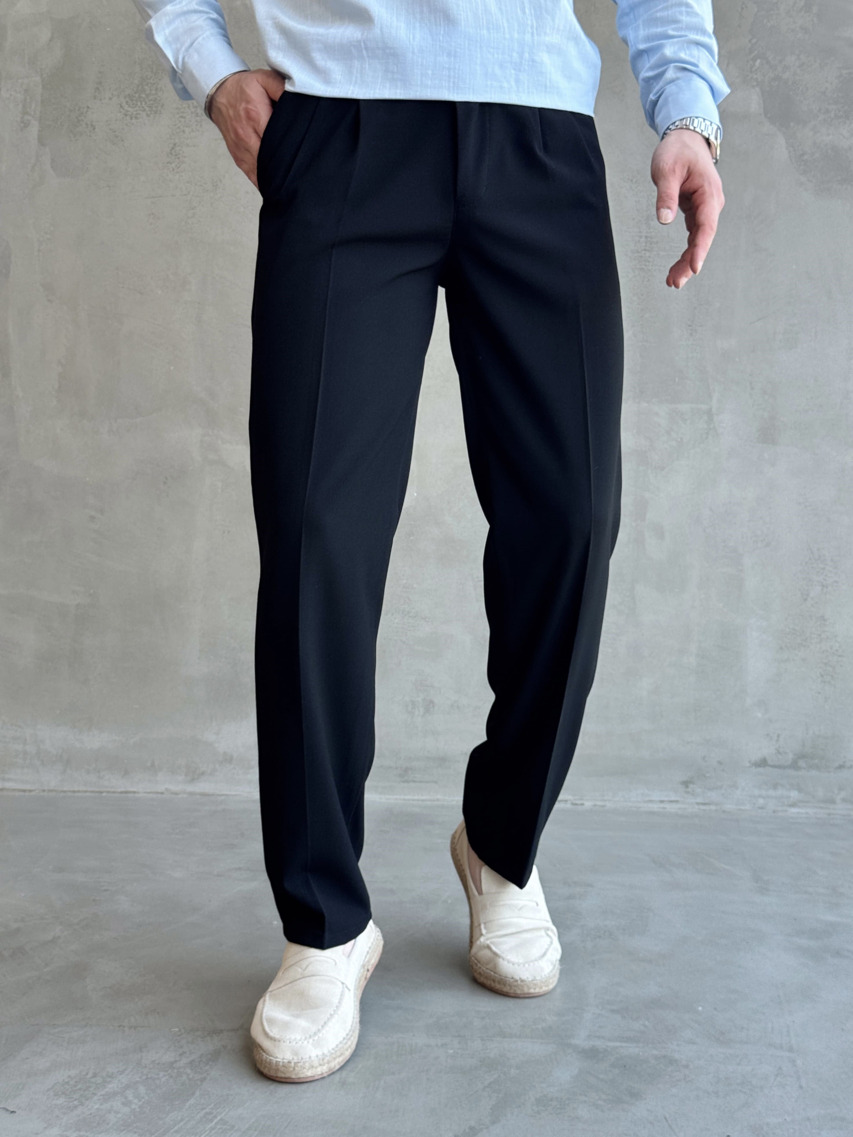 Erkek Pileli Baggy Beli Lastikli Kumaş Pantolon-Siyah(E1010)Ketench