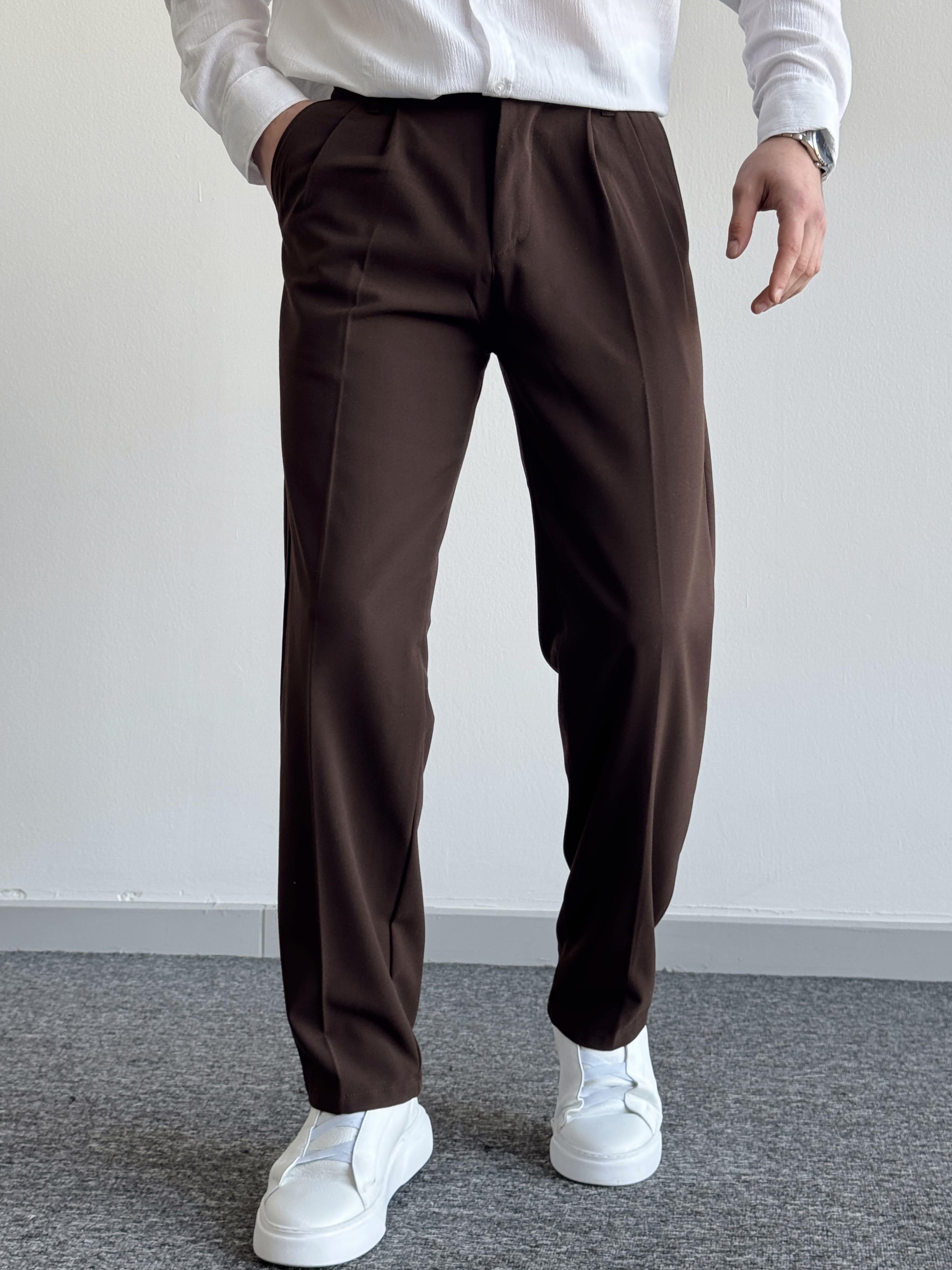 Erkek Pileli Baggy Beli Lastikli Kumaş Pantolon-Acı Kahve(E1010)Ketench