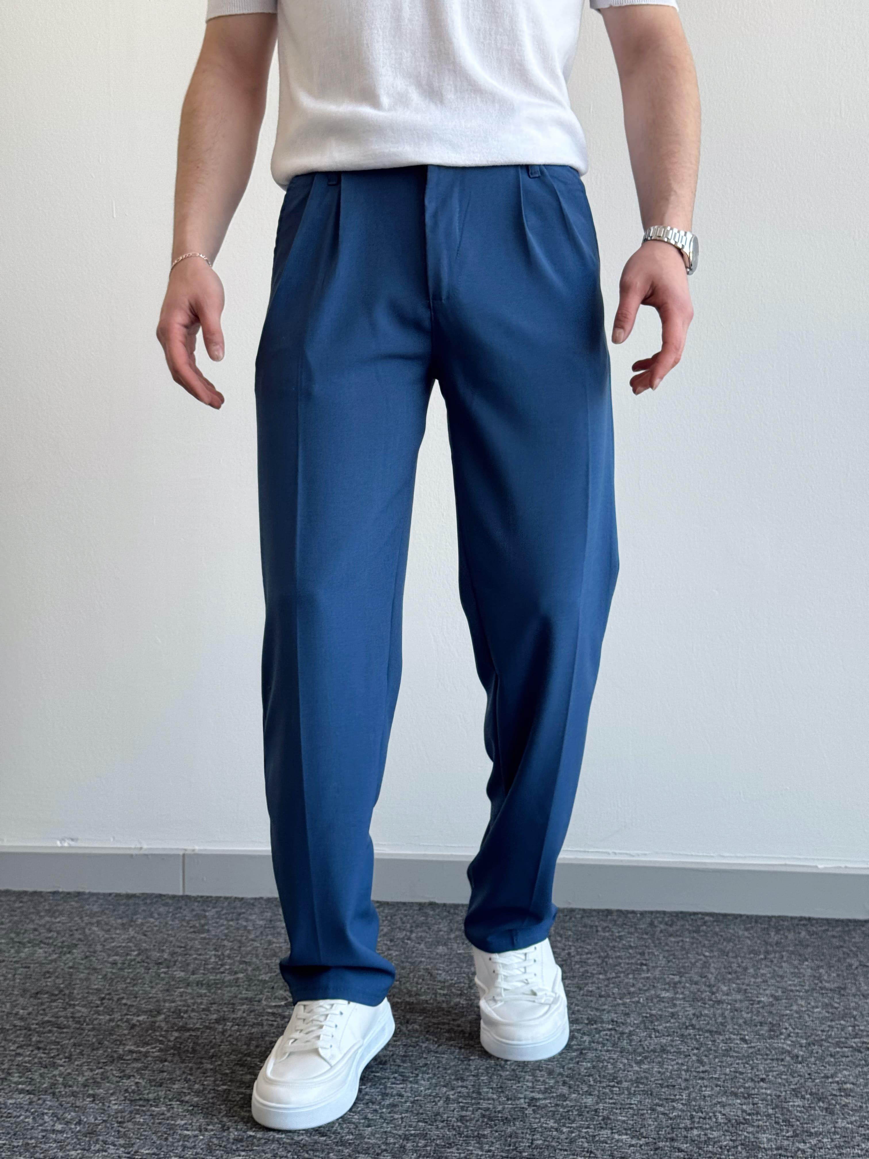 Erkek Pileli Baggy Beli Lastikli Kumaş Pantolon-Koyu Mavi(E1010)Ketench
