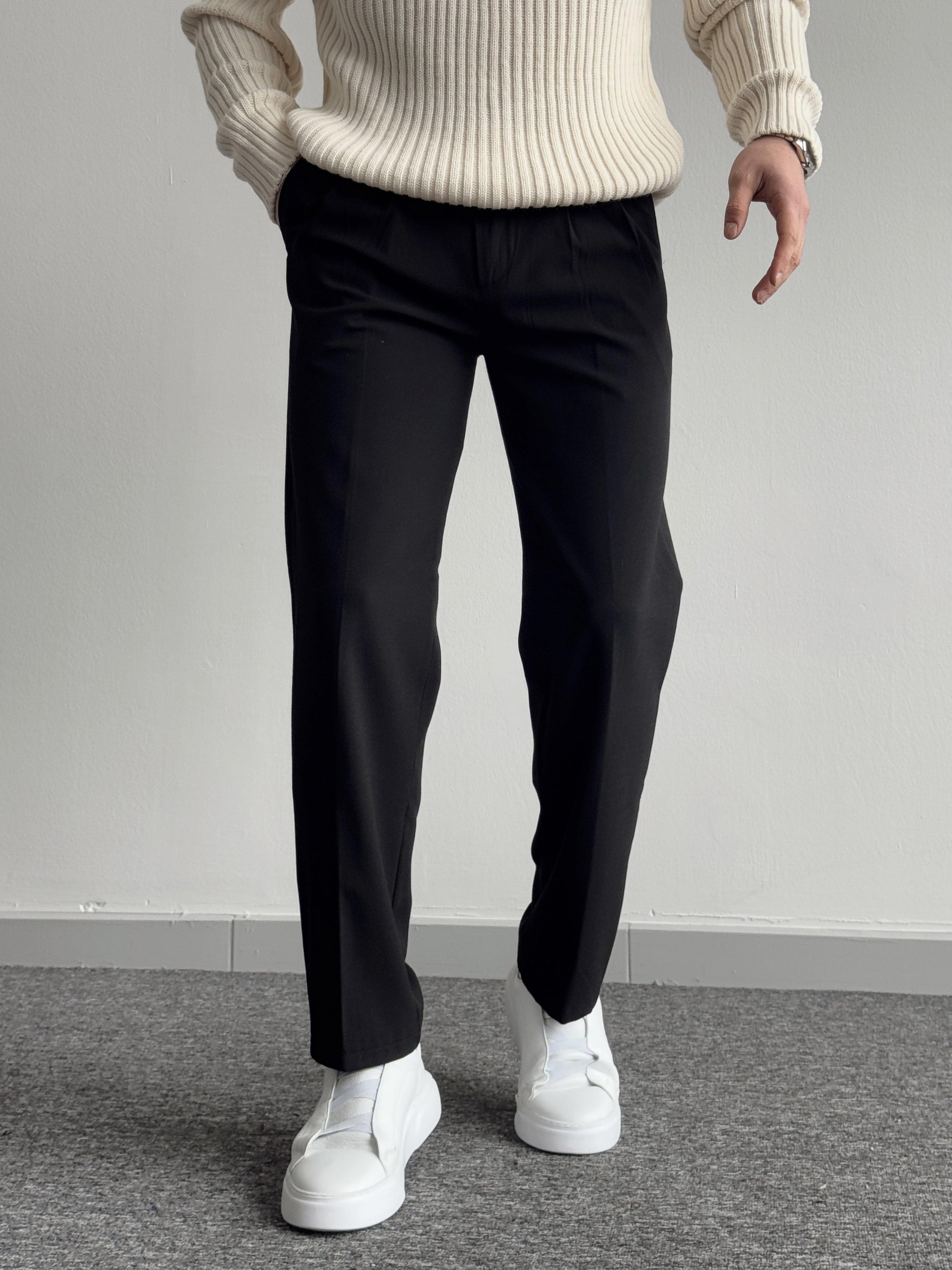 Erkek Pileli Baggy Beli Lastikli Kumaş Pantolon-Siyah(E1010)Ketench