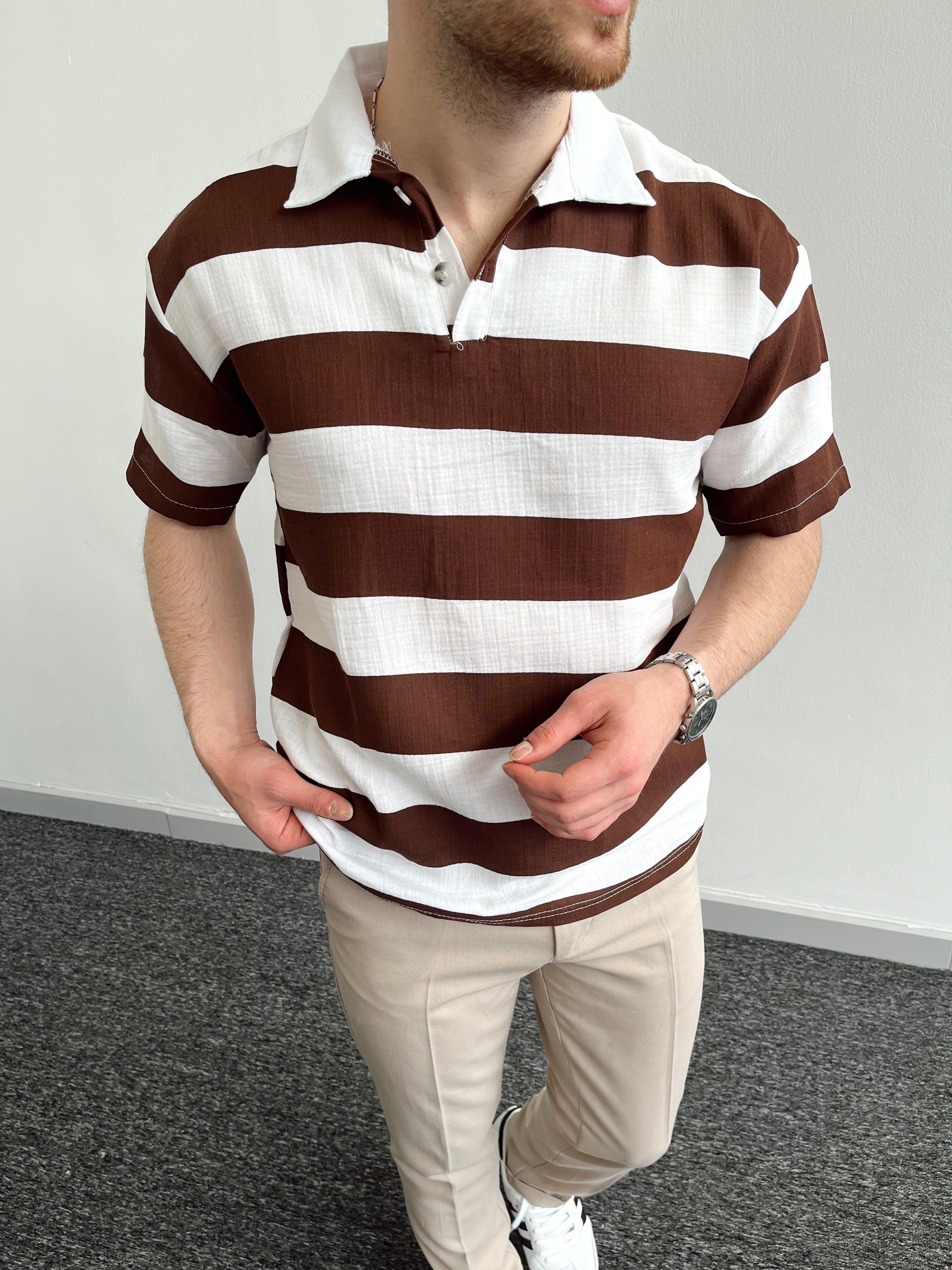 Erkek Polo Yaka Kalın Çizgili Keten T-Shirt-Kahverengi(E1025)Ketench