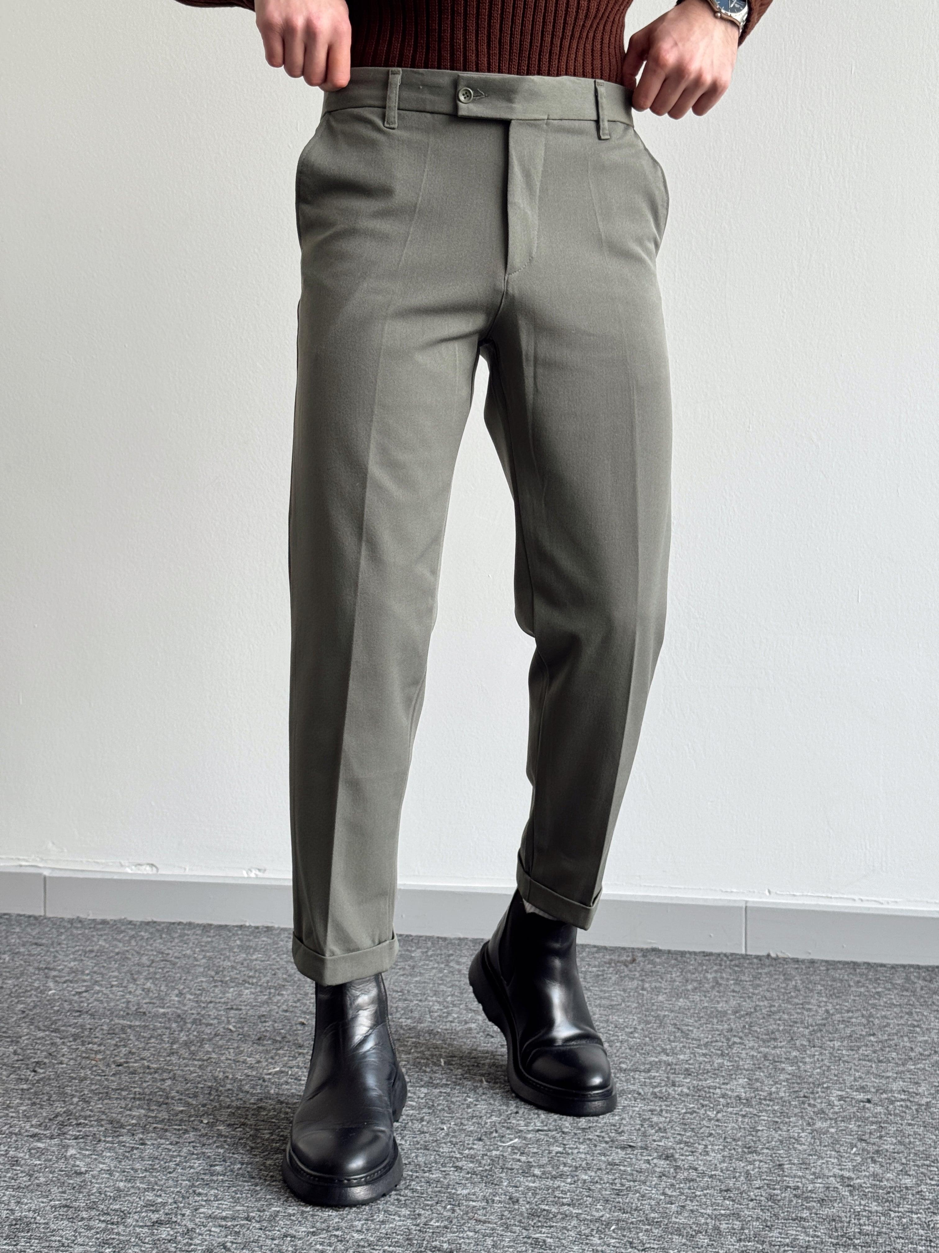 Erkek Premium Kalite Bel Lastikli Duble Paça Gabardin Kumaş Pantolon-Haki(E1244)Ketench