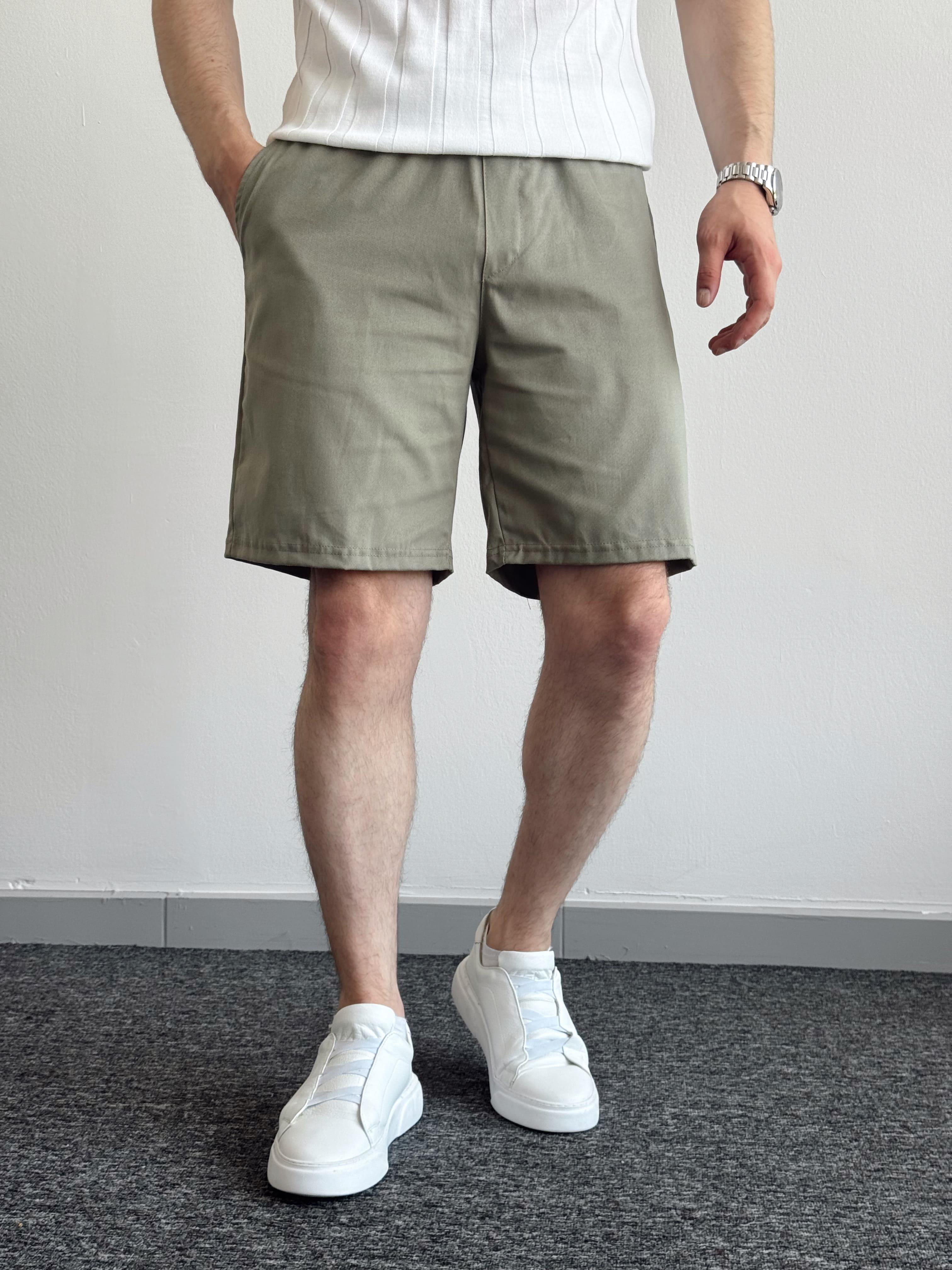 Erkek Premium Kalite Beli Lastik Detay Gabardin Kumaş Şort-Haki(E1421)Ketench