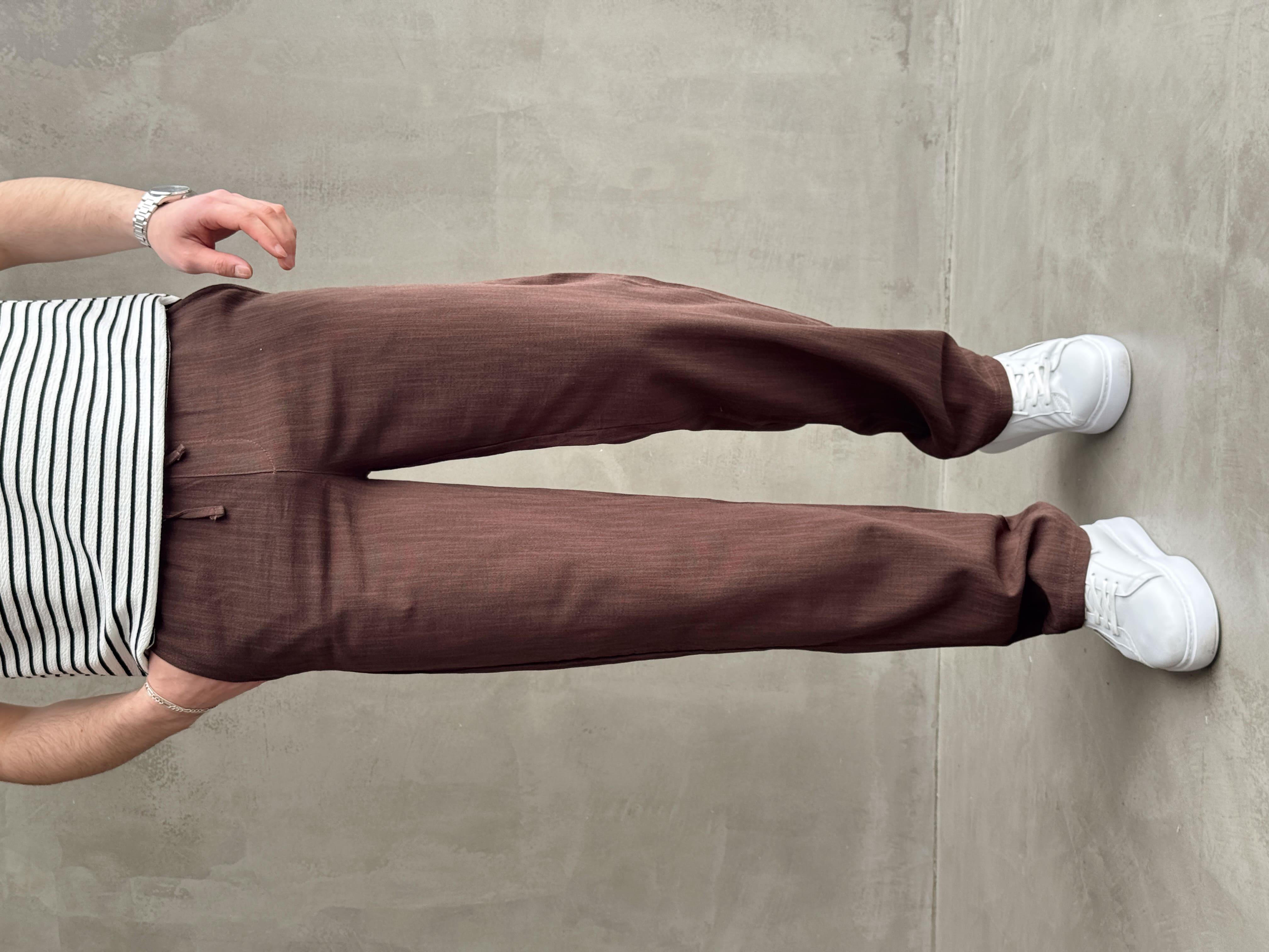 Erkek Premium Kalite Beli Lastikli Bağcık Detay Baggy Kalıp Keten Pantolon-Kahverengi(E1676)Ketench