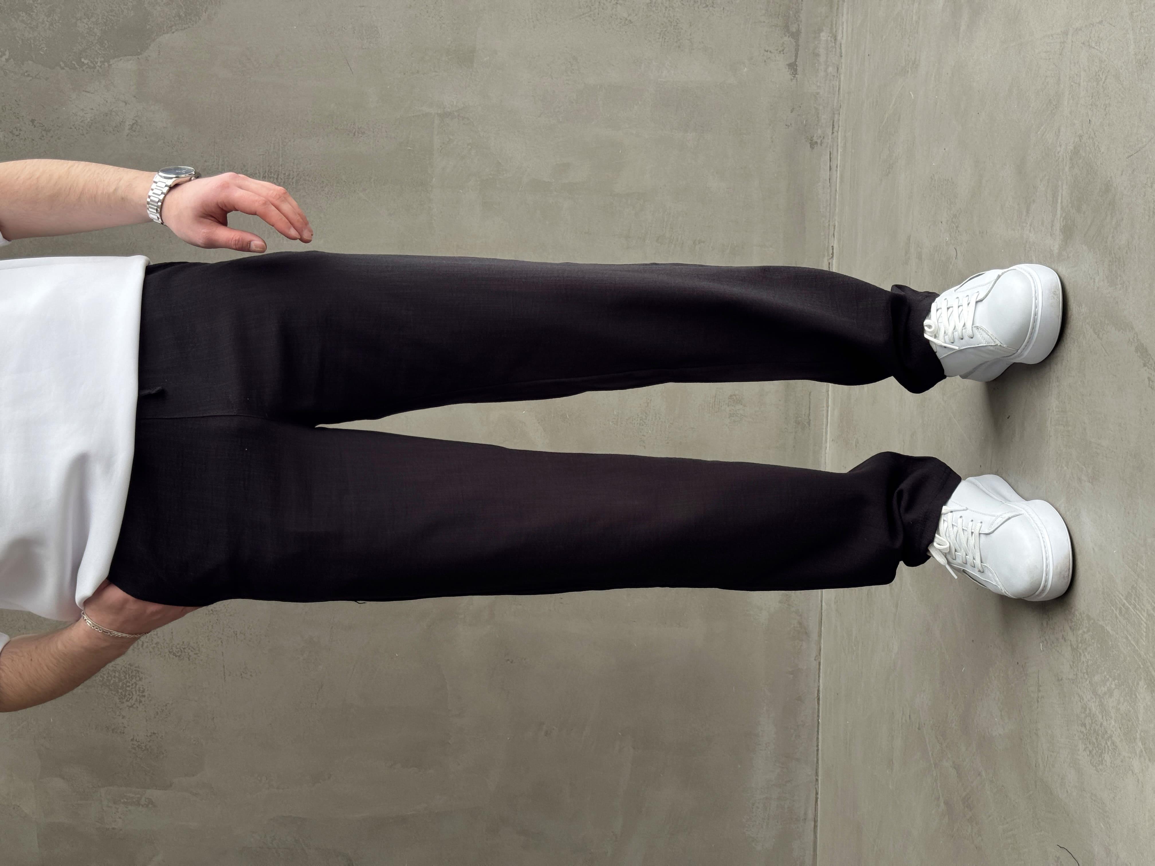 Erkek Premium Kalite Beli Lastikli Bağcık Detay Baggy Kalıp Keten Pantolon-Siyah(E1676)Ketench