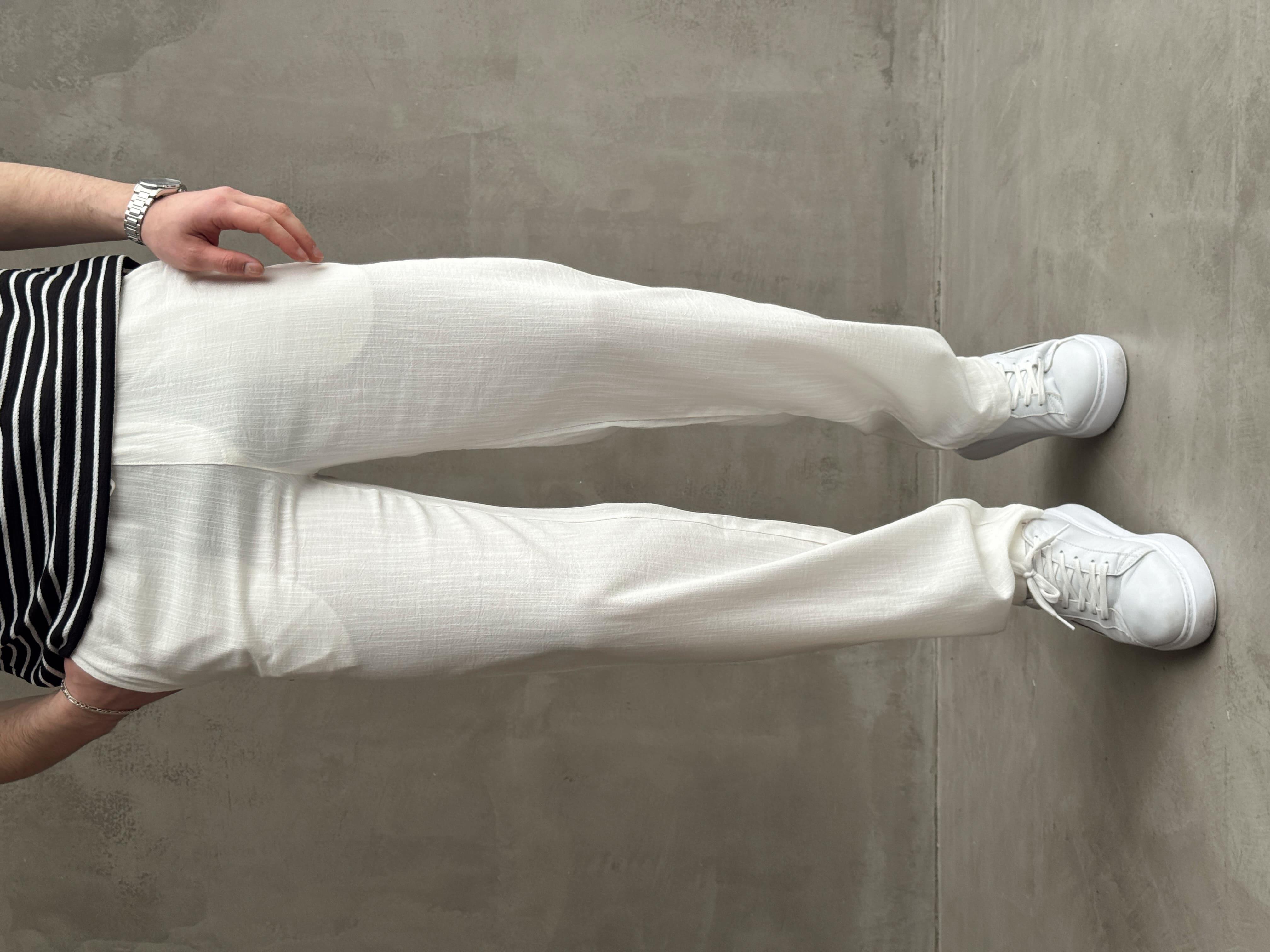 Erkek Premium Kalite Beli Lastikli Bağcık Detay Baggy Kalıp Keten Pantolon-Beyaz(E1676)Ketench