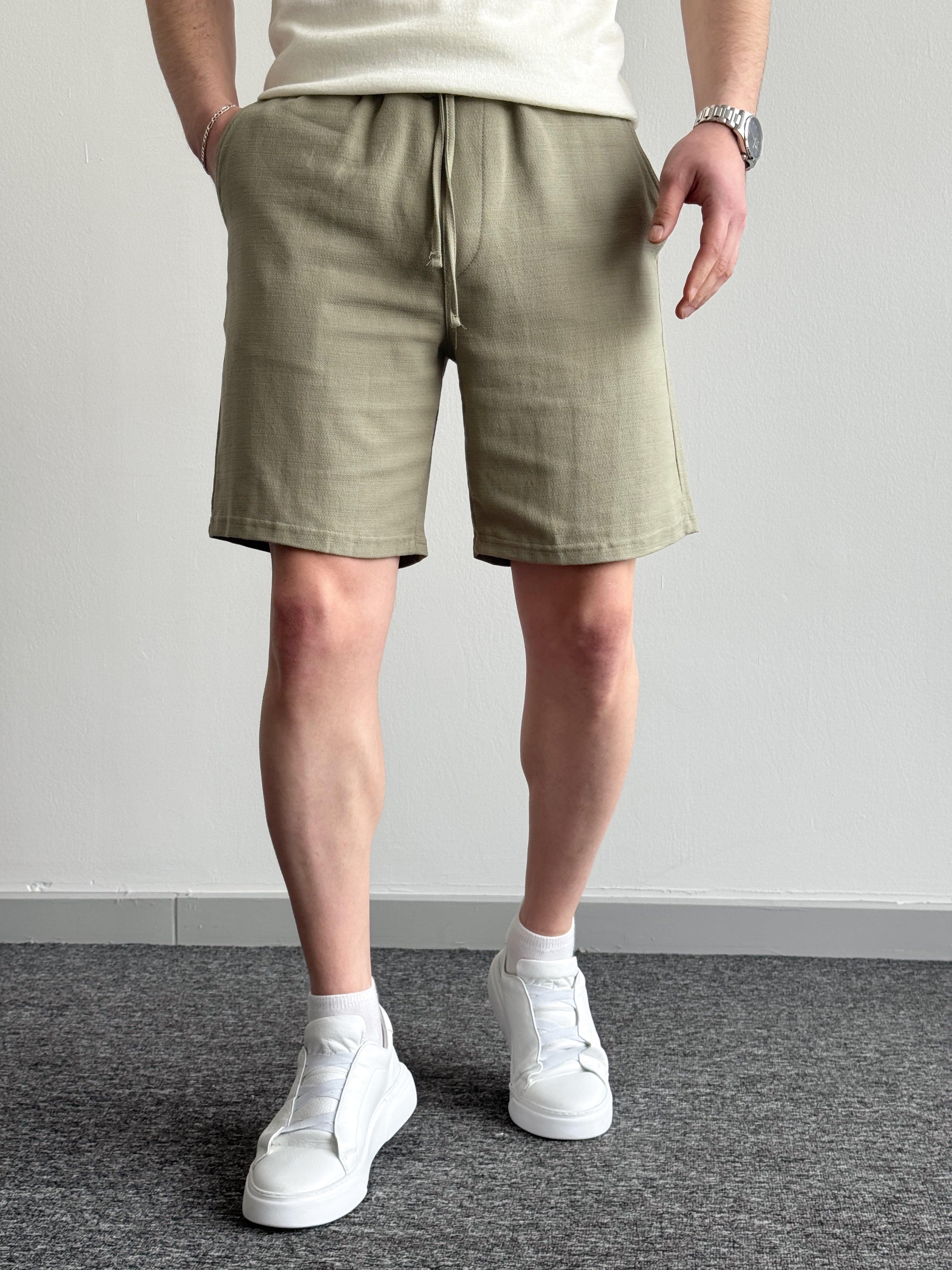 Erkek Premium Kalite Beli Lastikli Geniş Kalıp Keten Şort-Haki(E1332)Ketench