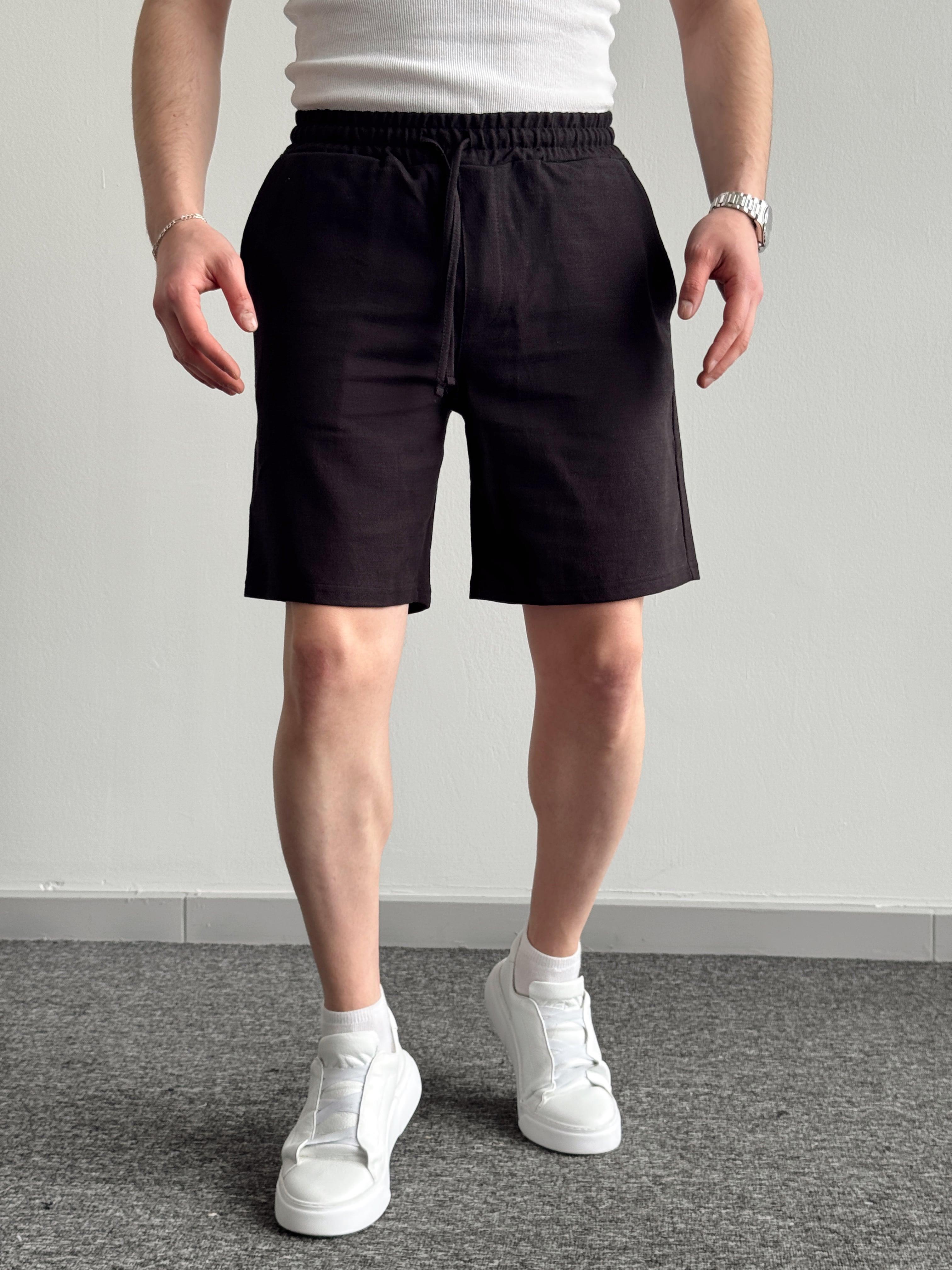 Erkek Premium Kalite Beli Lastikli Geniş Kalıp Keten Şort-Siyah(E1332)Ketench