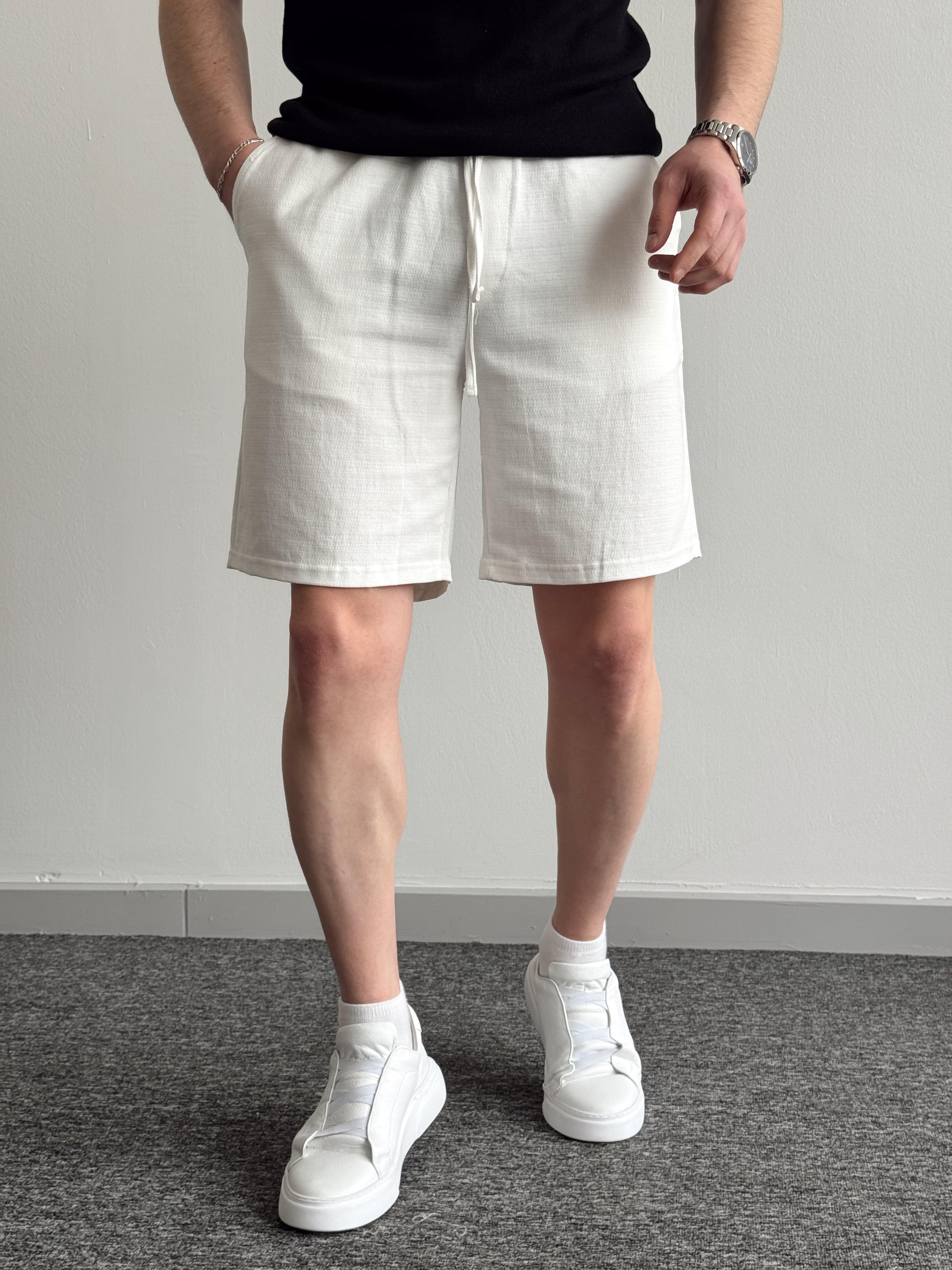 Erkek Premium Kalite Beli Lastikli Geniş Kalıp Keten Şort-Beyaz(E1332)Ketench