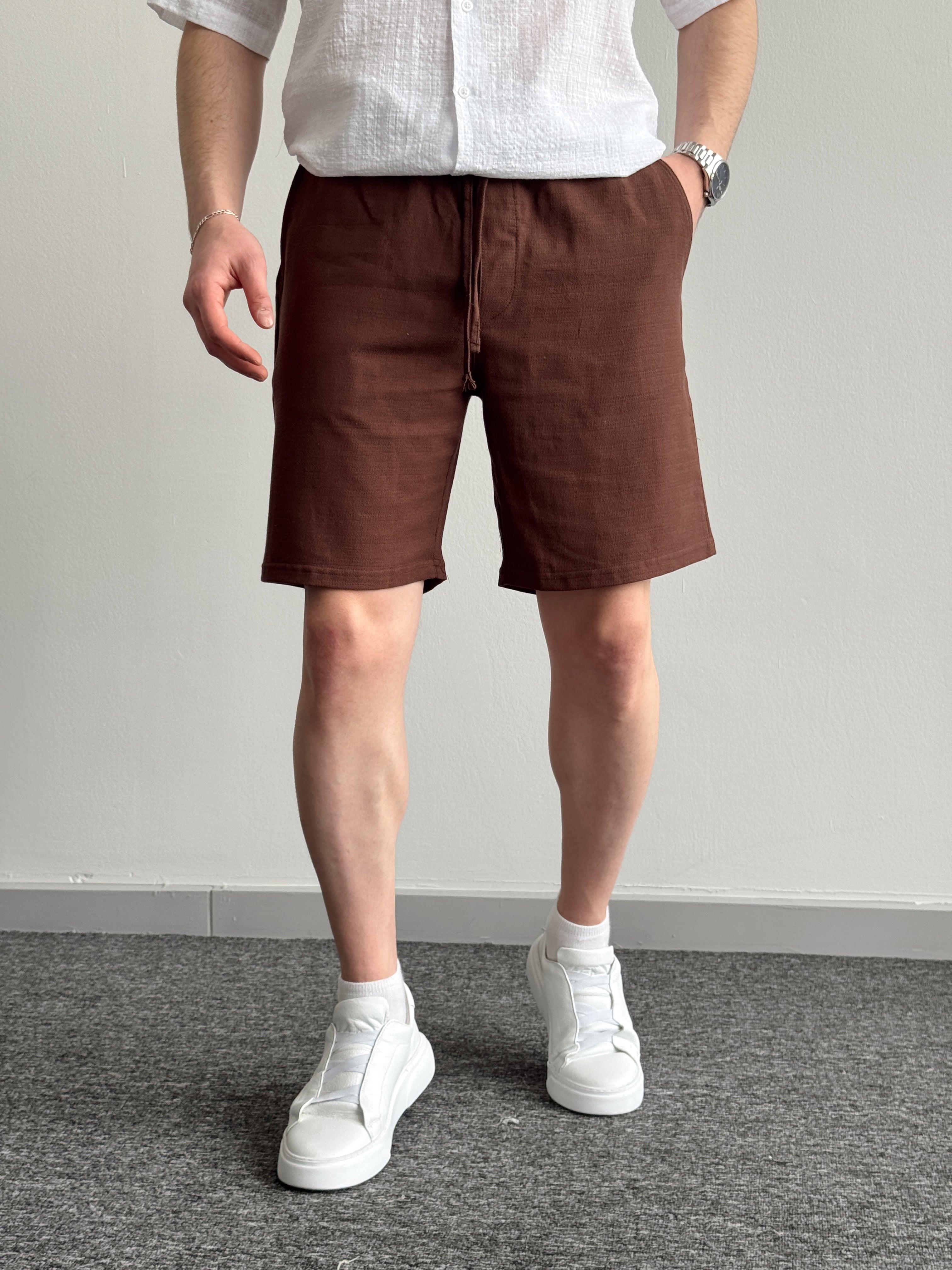 Erkek Premium Kalite Beli Lastikli Geniş Kalıp Keten Şort-Kahverengi(E1332)Ketench