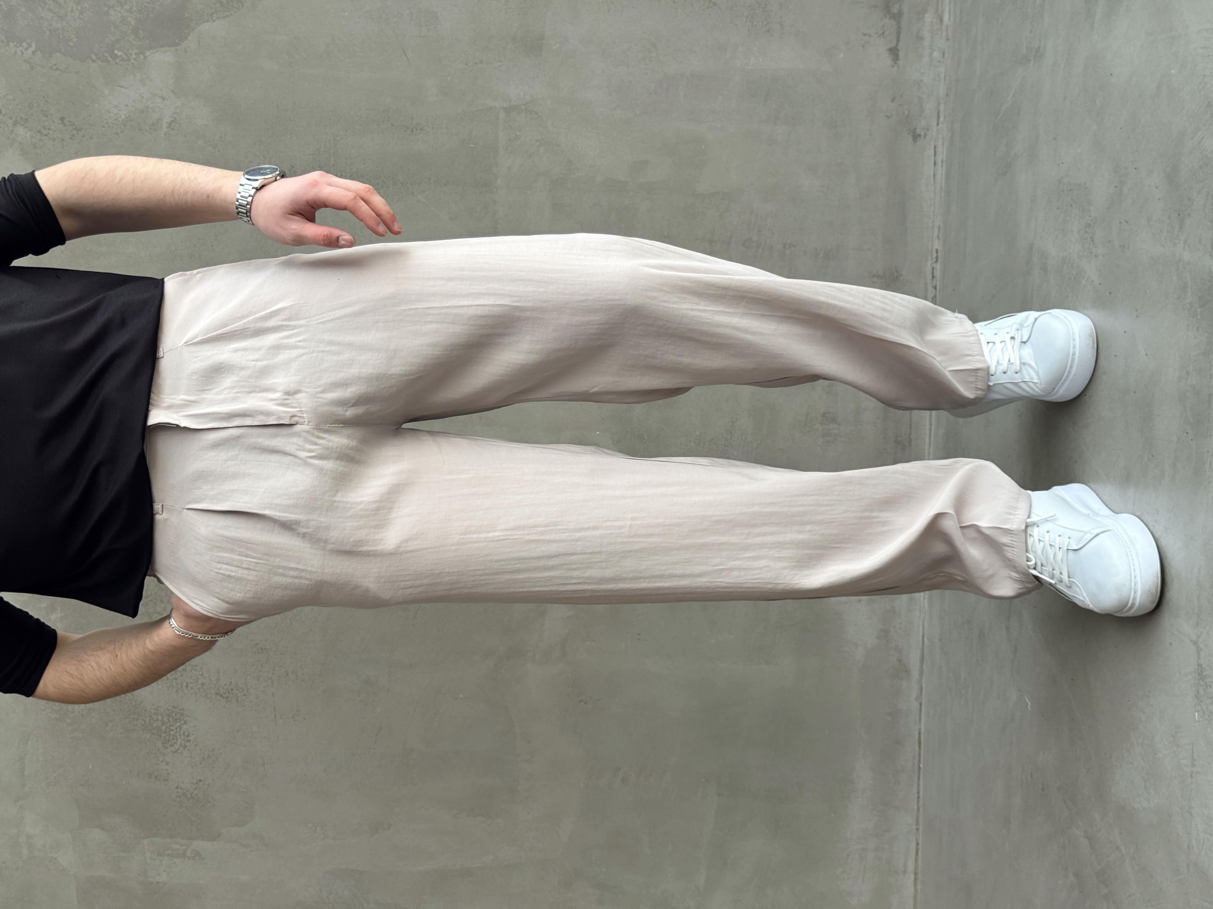 Erkek Premium Kalite Beli Lastikli Pile Detaylı Baggy Kalıp Modal Kumaş Pantolon-Bej(E1649)Ketench