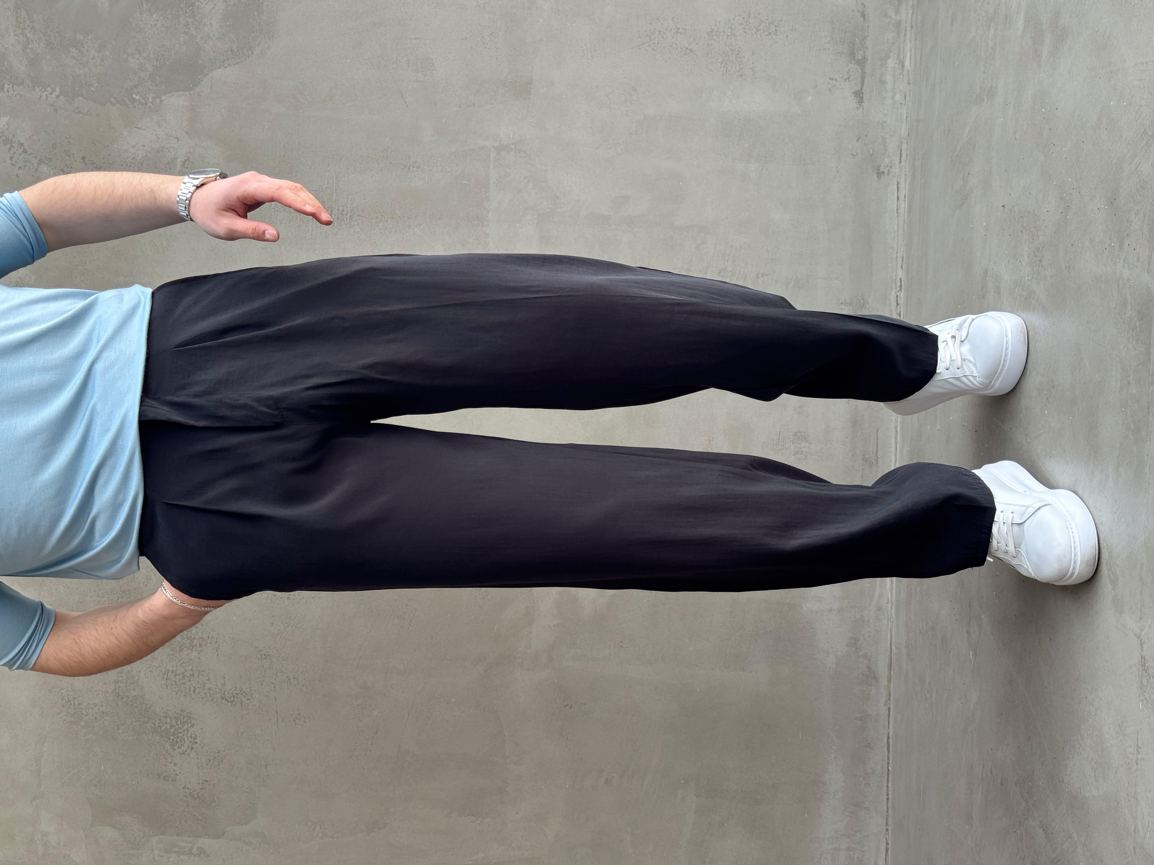 Erkek Premium Kalite Beli Lastikli Pile Detaylı Baggy Kalıp Modal Kumaş Pantolon-Siyah(E1649)Ketench