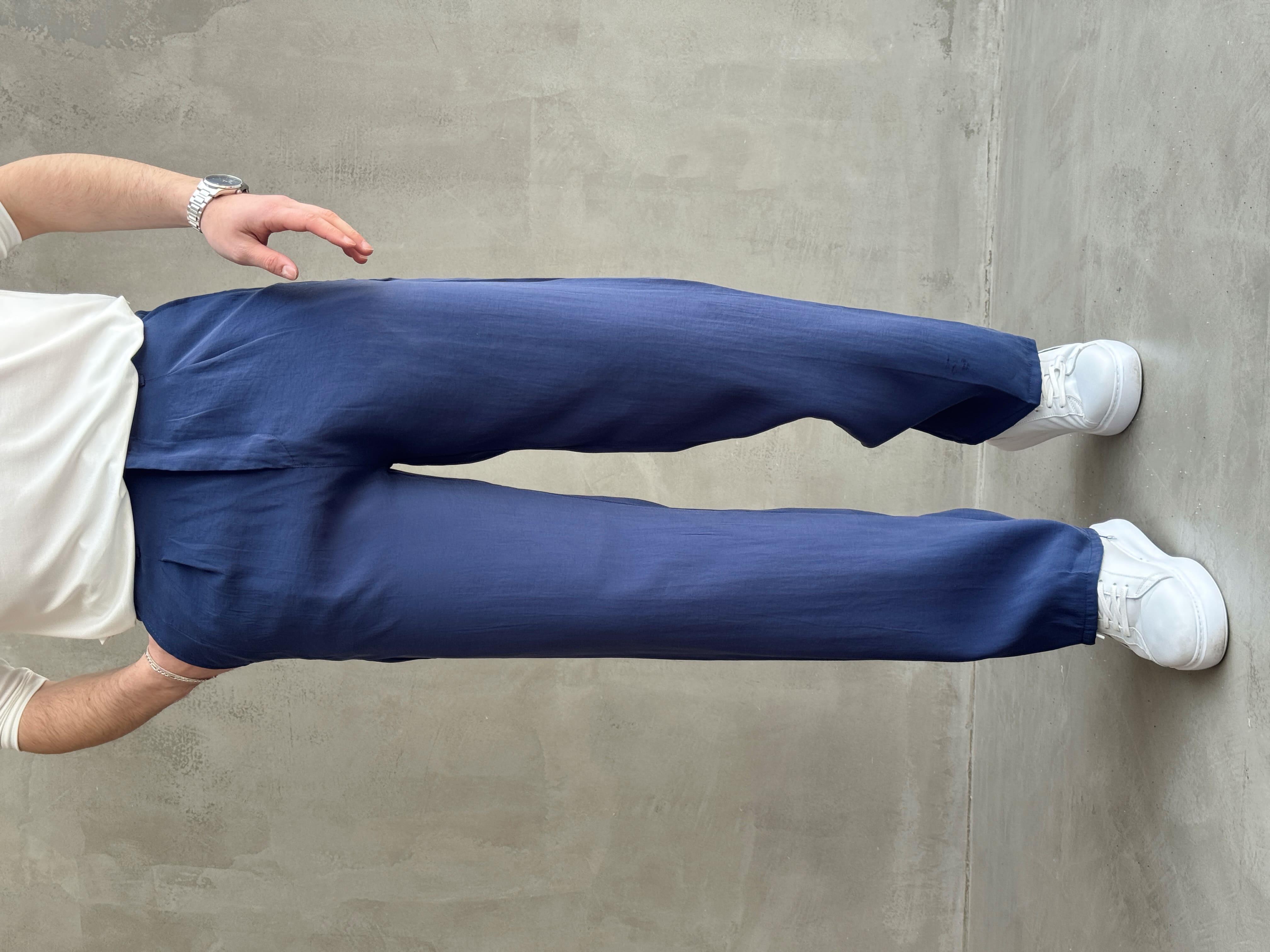 Erkek Premium Kalite Beli Lastikli Pile Detaylı Baggy Kalıp Modal Kumaş Pantolon-Lacivert(E1649)Ketench