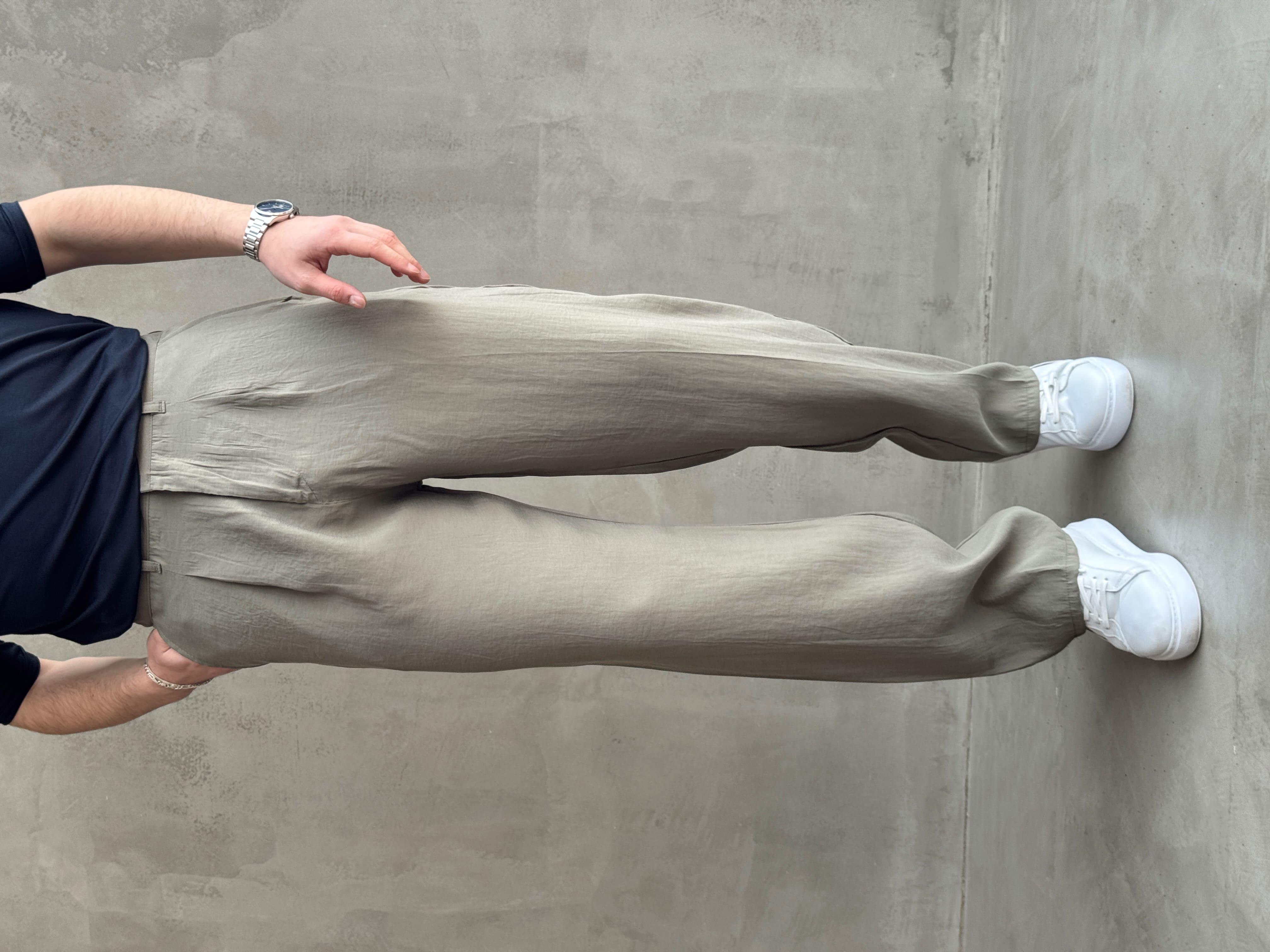 Erkek Premium Kalite Beli Lastikli Pile Detaylı Baggy Kalıp Modal Kumaş Pantolon-Haki(E1649)Ketench