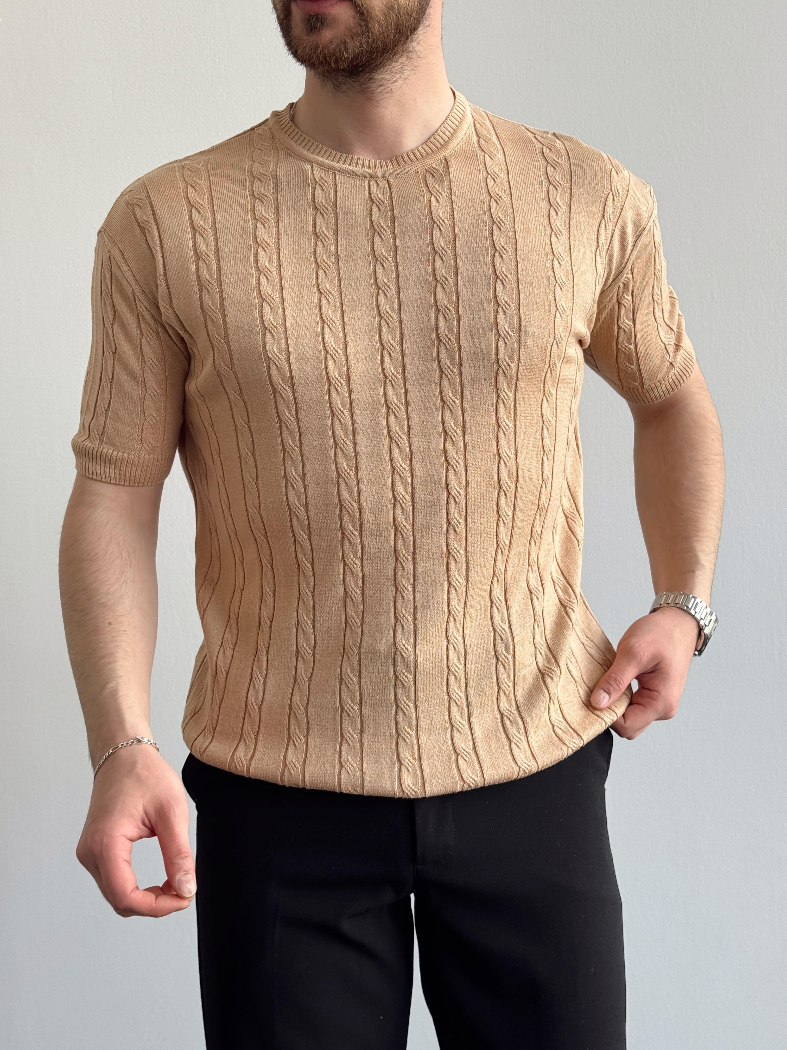 Erkek Premium Kalite Bisiklet Yaka Oversize Kalıp Halat Desenli Triko T-Shirt-Bej(E1356)Ketench