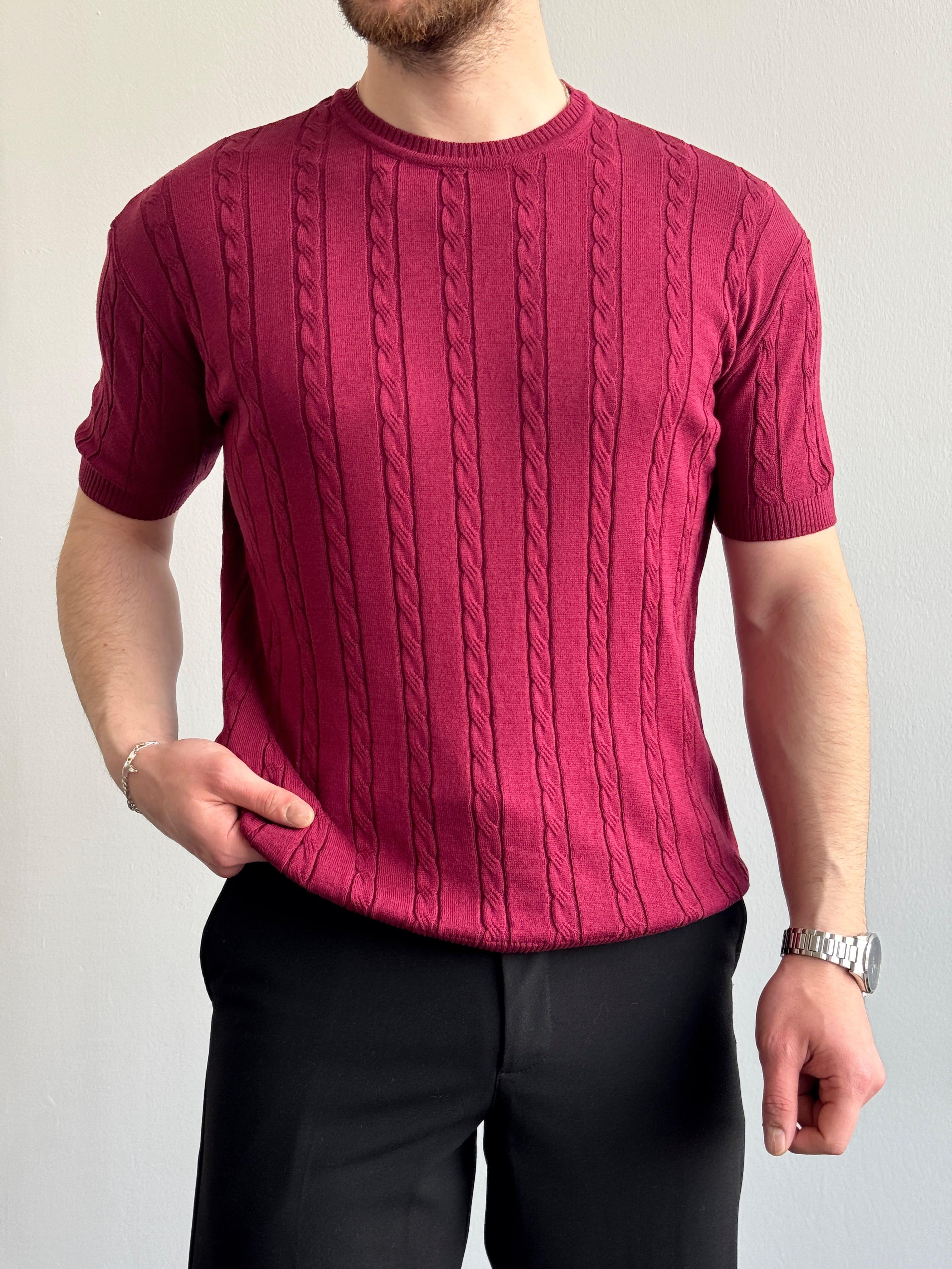 Erkek Premium Kalite Bisiklet Yaka Oversize Kalıp Halat Desenli Triko T-Shirt-Bordo(E1356)Ketench
