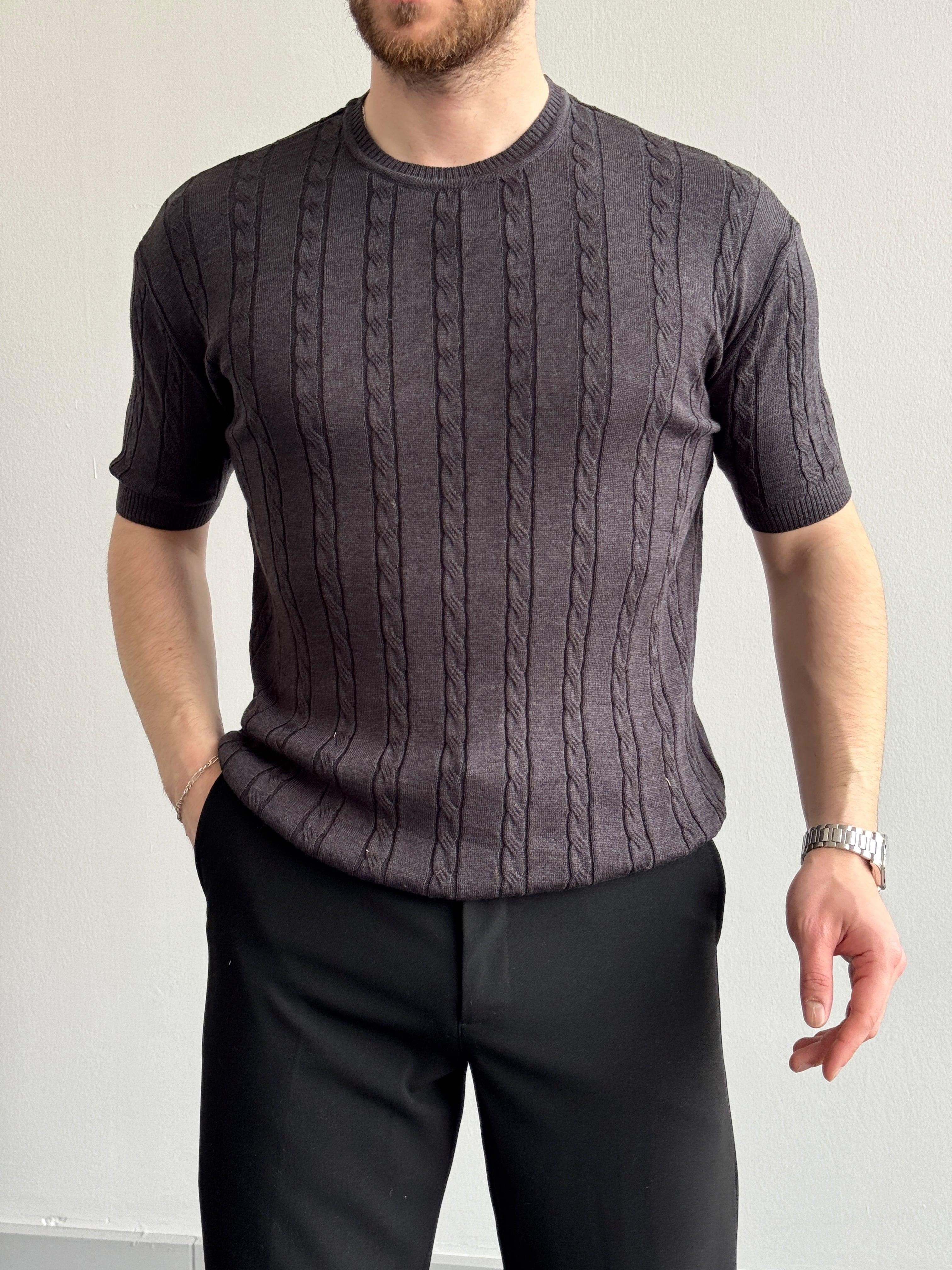 Erkek Premium Kalite Bisiklet Yaka Oversize Kalıp Halat Desenli Triko T-Shirt-Antrasit(E1356)Ketench